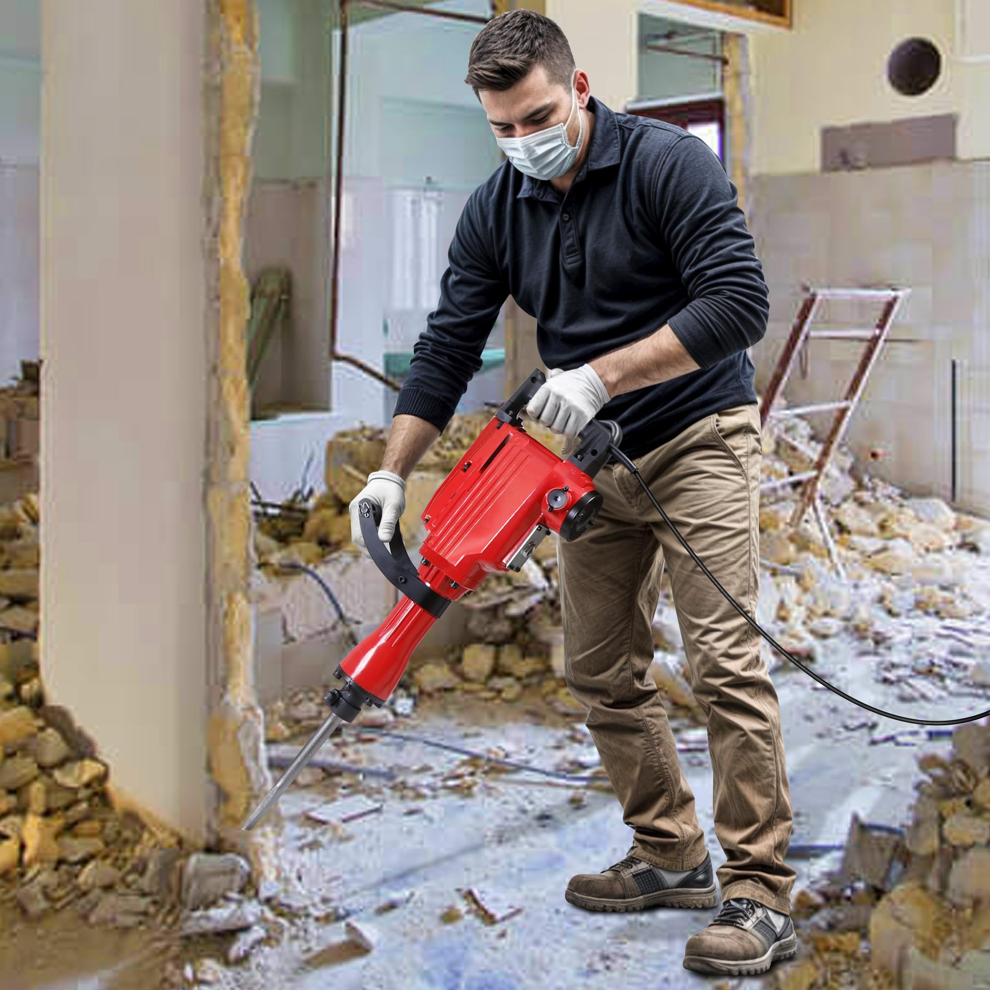 ZENSTYLE Heavy Duty Electric Demolition Jack Hammer 2200W Concrete Breaker Power Tool with 2 Chisel, 2 Punch Bit Set, Gloves, Oil Feeder Wrench, Mask, Safety Goggle and Case