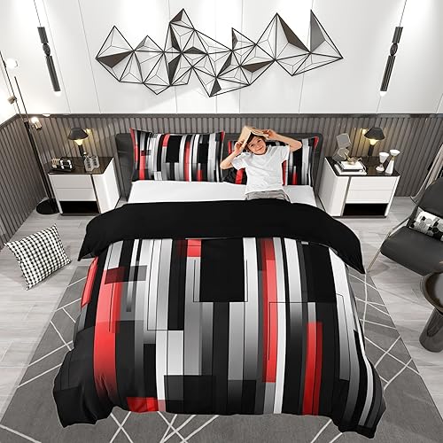 Miniatura 45 de Funda de edredón abstracta de color negro y morado, tamaño Queen, funda de edredón de geometría moderna con 2 fundas de almohada para adolescentes