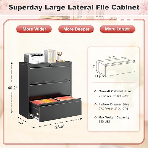 Miniatura 3 de Superday Archivador lateral de 3 cajones de metal con cerradura, archivadores negros para oficina en casa, archivadores con bloqueo, archivos