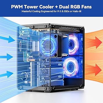 Pironman 5-MAX Raspberry Pi 5 Case Dual NVMe M.2 SSD PCIe, Mini PC NAS RAID 0/1 Hailo-8L AI Accelerator PWM Tower Cooler+Dual RGB Fans, OLED Module, Safe Shutdown, Standard HDMI (RPI5 Not Included)