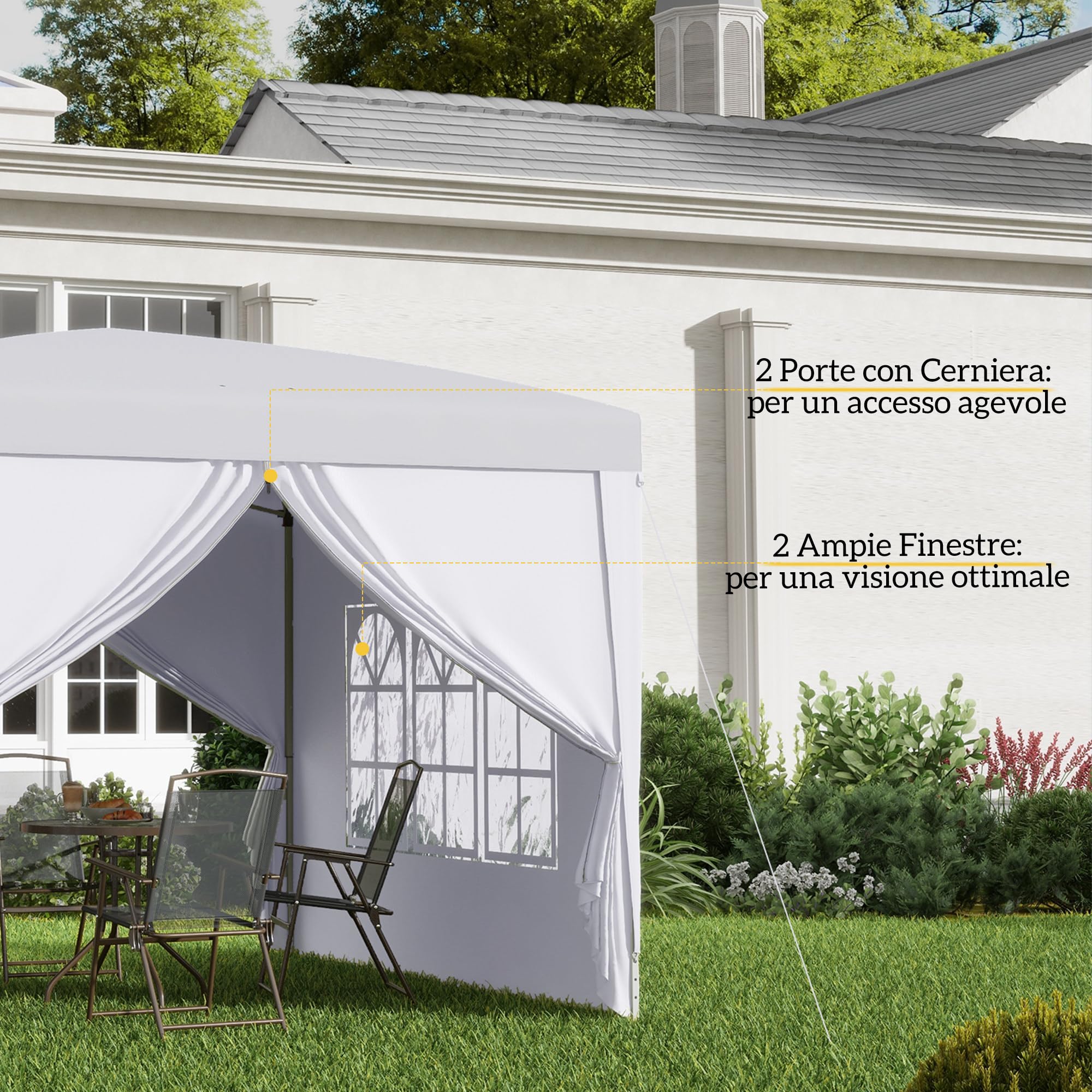 Outsunny Gazebo Pieghevole 3x3 Pop Up con 2 Porte e 2 Finestre, 4 Pannelli Laterali e Borsa da Trasporto, Gazebo da Esterno in Acciaio e Tessuto Oxford, per Giardino, Feste, Campeggio, Bianco