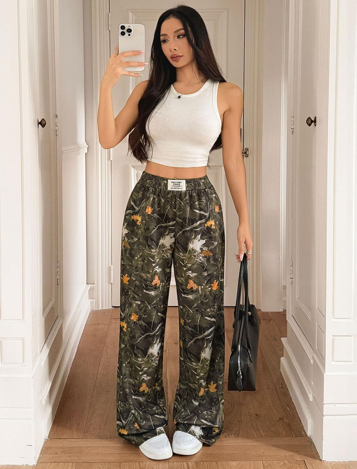 ZAFUL Women's Camo Sweatpants Y2K Elastic High Waisted Wide Leg Casual Straight Cargo Pants Joggers with Patch Detail - Image 5