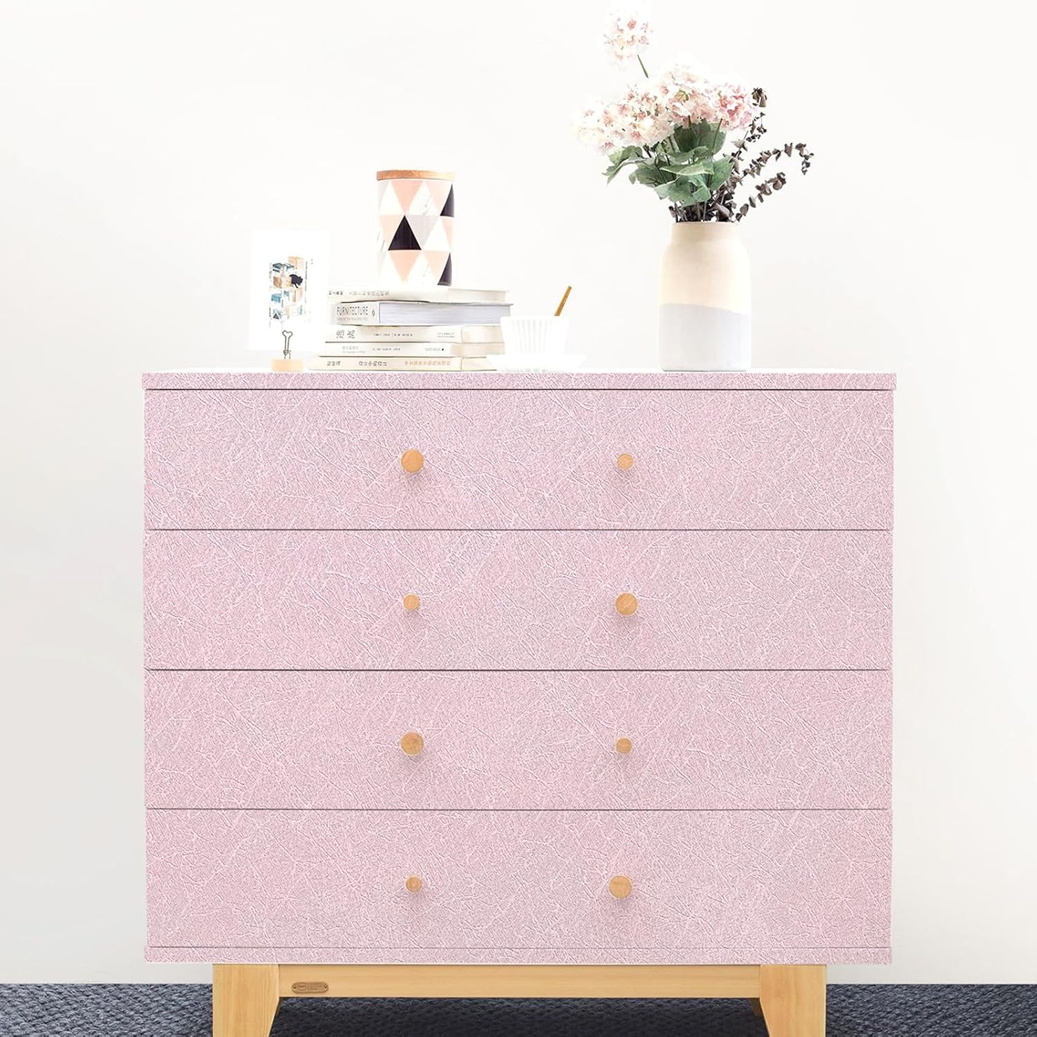 Pink Silk Wallpaper Embossed Peel and Stick Wallpaper Textured Self-Adhesive Removable Contact Paper Waterproof Vinyl Roll for Bedroom Cabinet Furniture 17.7 inch X 120 inch