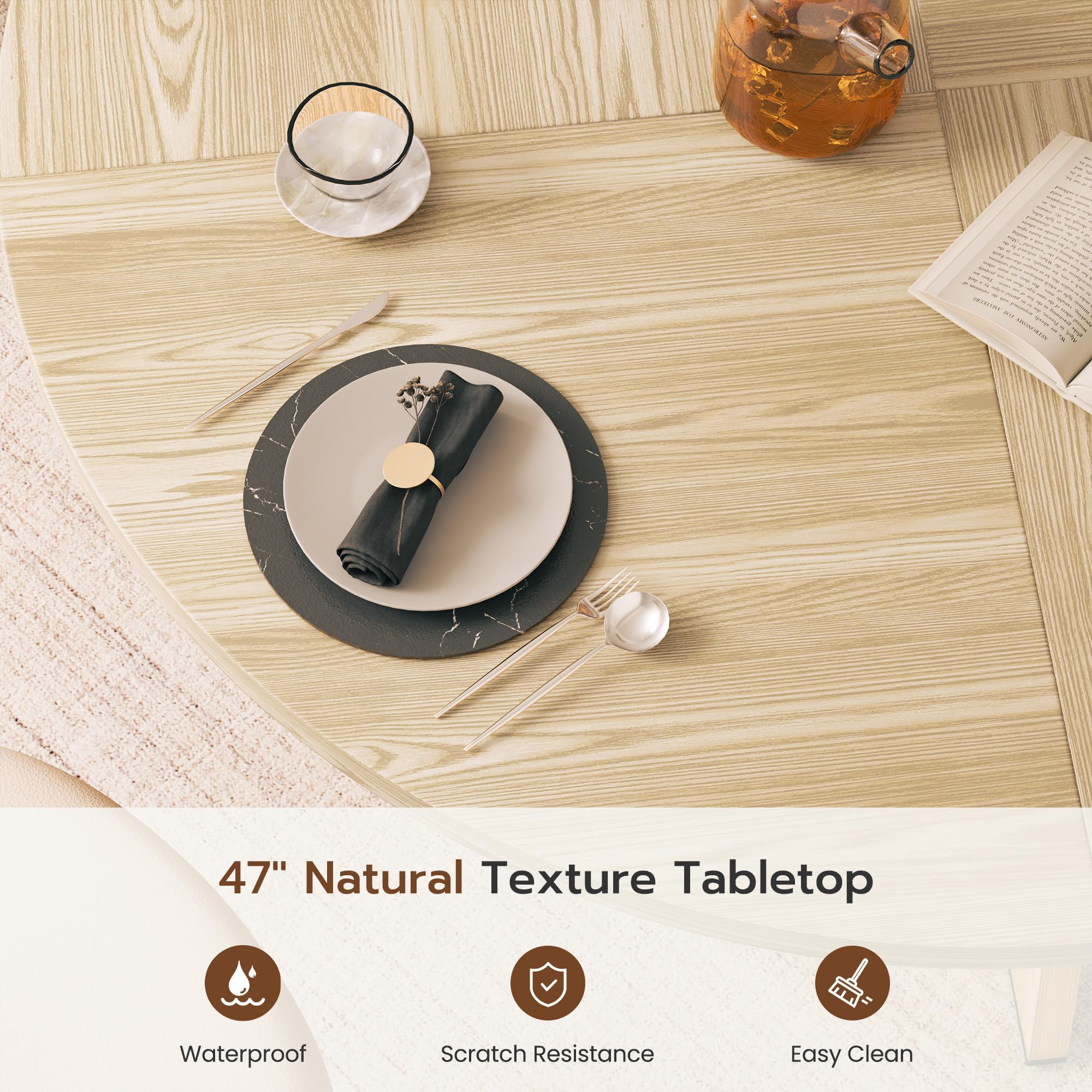 YOUDENOVA Tavolo da pranzo rotondo 120 cm, tavolo da pranzo in legno per 4-6 persone, estetica rustica da cucina con piedini a giuntura geometrica moderna, naturale (SENZA SEDIE)