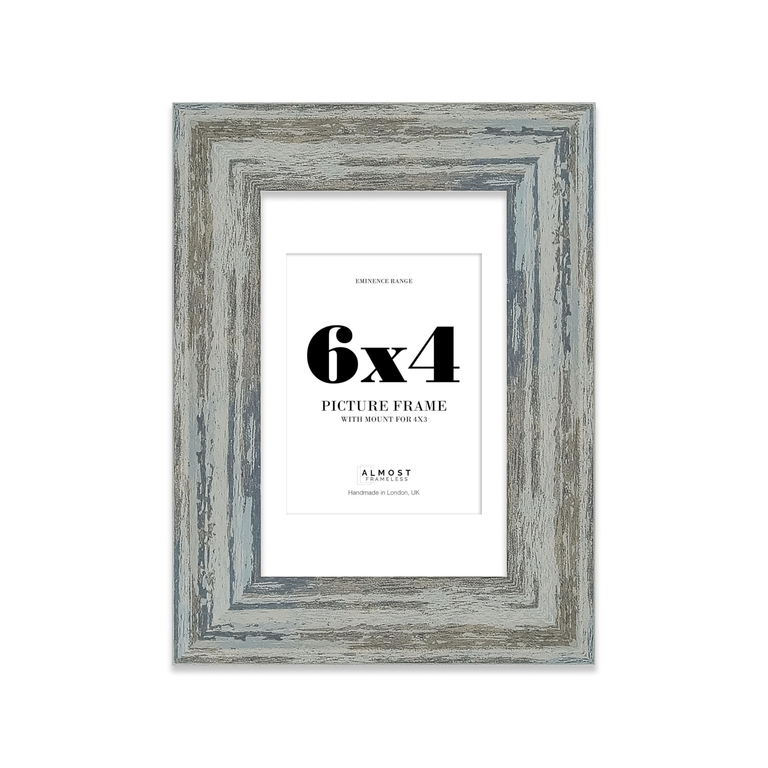 6x4" Distressed Blue Picture Frame with 4x3" Mount - Weathered Photo Frame with Distressed Finish, Wall Hooks and Kickstand, 32mm Edge - 1 Pack