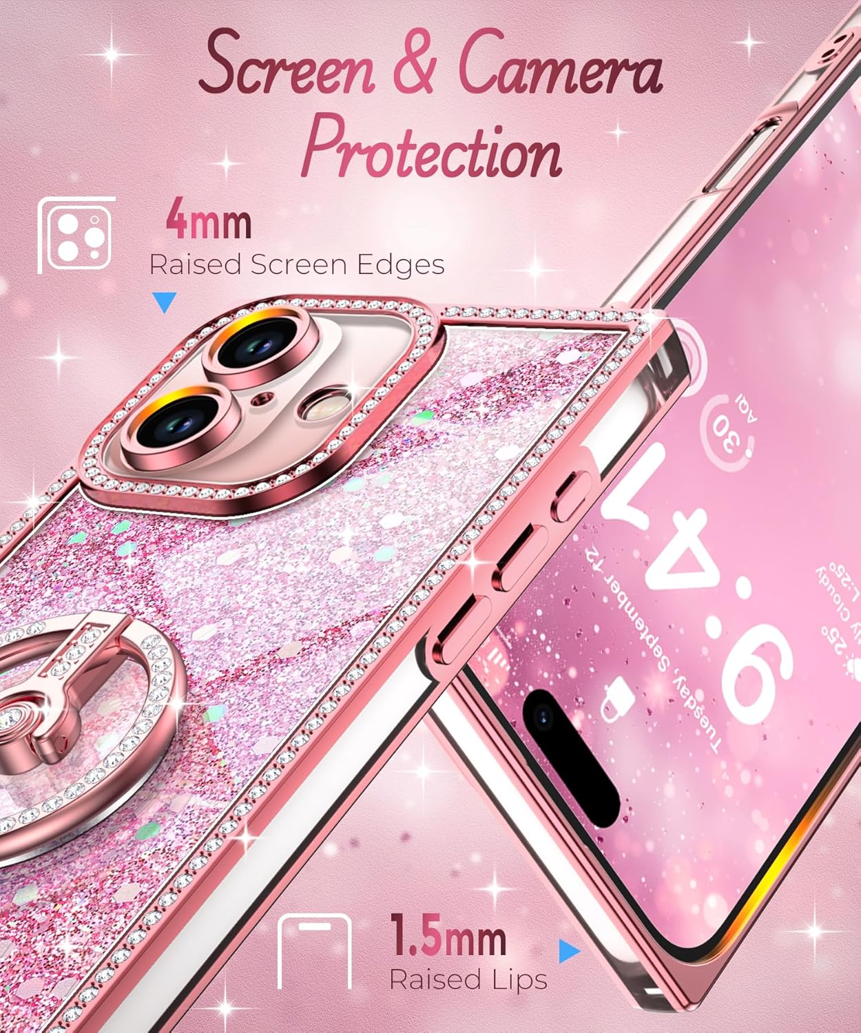 Miss Arts for iPhone 16 Case with Ring Stand, Glitter Sparkle Phone Case for Women Girls, Rhinestone Luxury Protective Cover for iPhone 16 6.1", Pink - Image 6