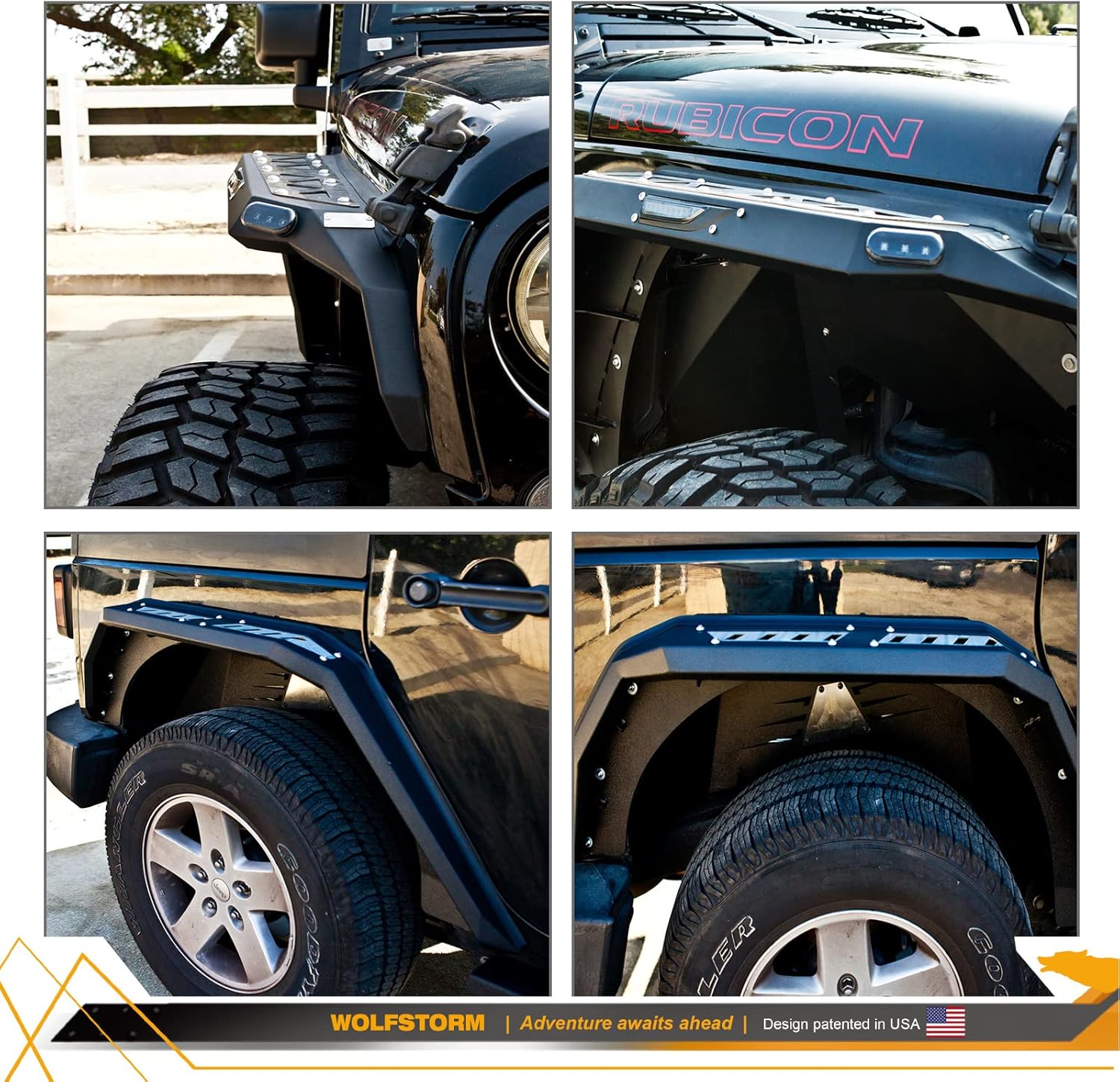 WOLFSTORM Steel Fender Flares Fit for 2007-2018 Jeep Wrangler JK/JKU,DRL LED Lights and Sequential Turn Light Design,2007-2018 Jeep Wrangler JK/JKU Fender Flares Replacement Accessories