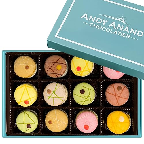Andy Anand Chocolates - Caja de regalo de macarons franceses, 12 unidades, sabores surtidos, sin gluten
