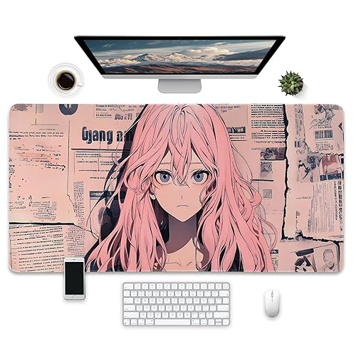 Anime Gaming Mouse Pad, Pink Manga Design, Large Extended Desk Mat, 31.5 x 15.7 inches, Non-Slip Base