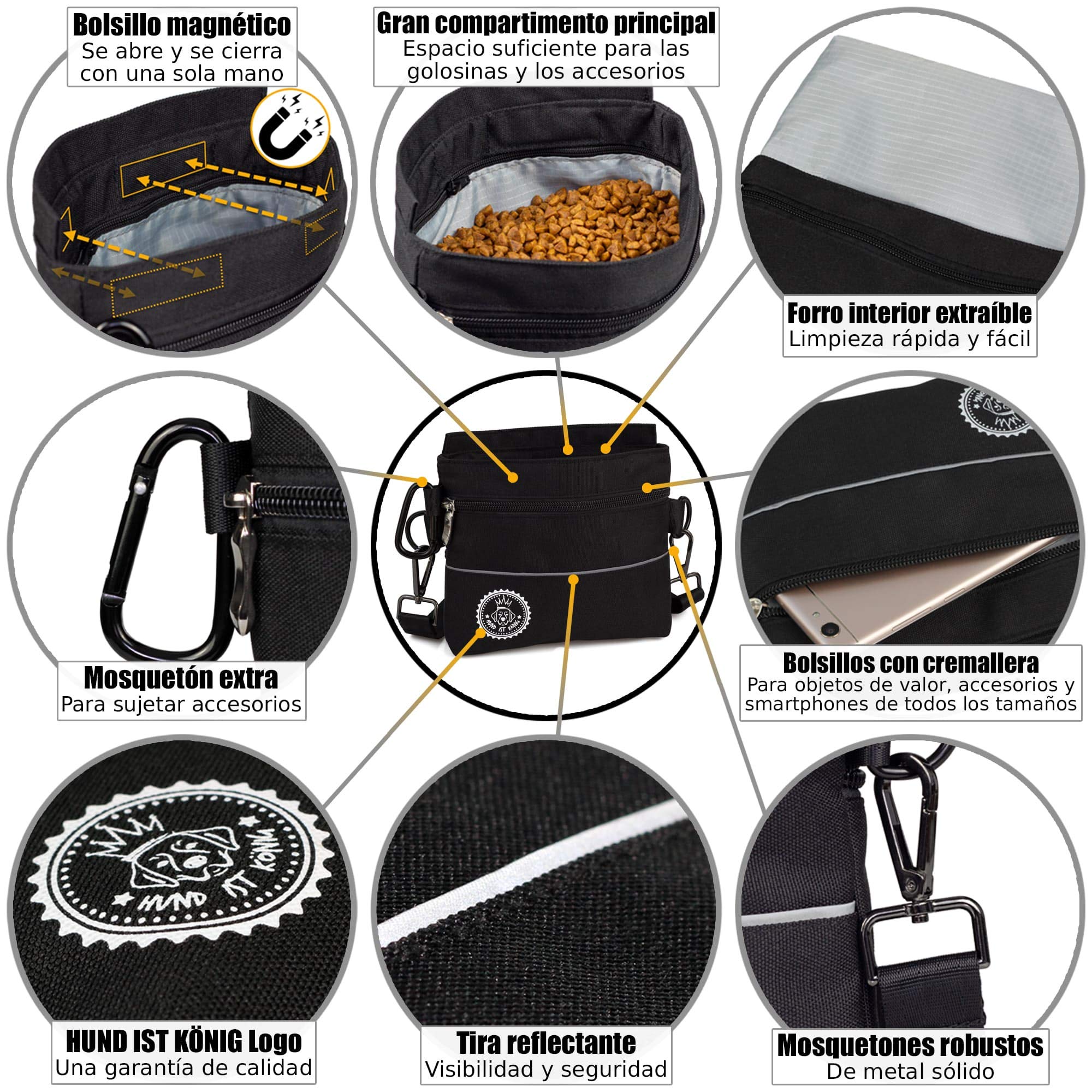 HUND IST KÖNIG Bolsa de premios para perros con bolsillo magnético para una mano, 2 bolsillos con cremallera, bolsillo interior extraíble, correas acolchadas para el hombro, mosquetón gratuito.