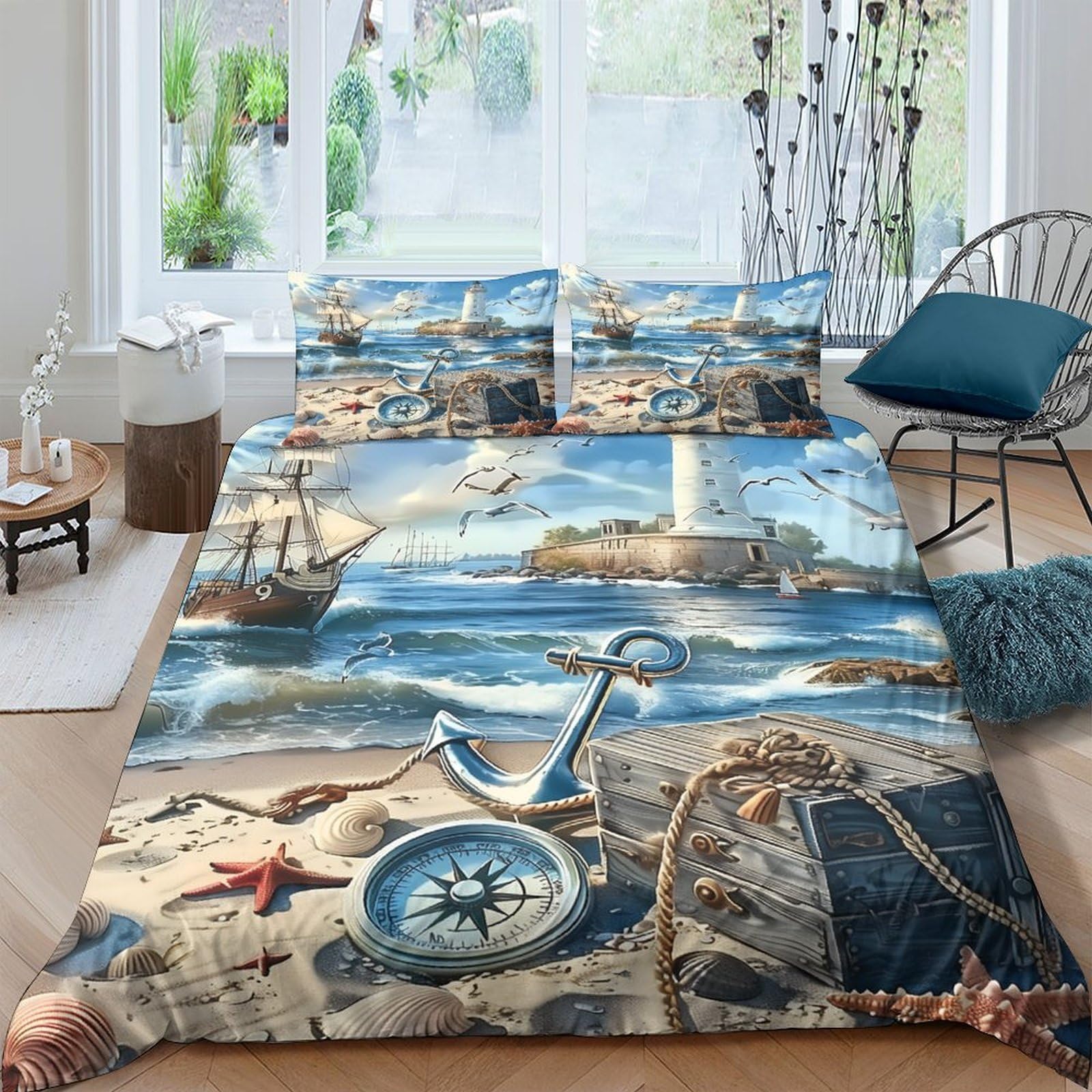 Ctjqhvkz Style-5 3D Printed Nautical Ocean Fitted Sheet Microfiber Soft Breathable Lighthouse Beach Mattress Cover For Bedroom Guest Room Decor Single（135X200cm）