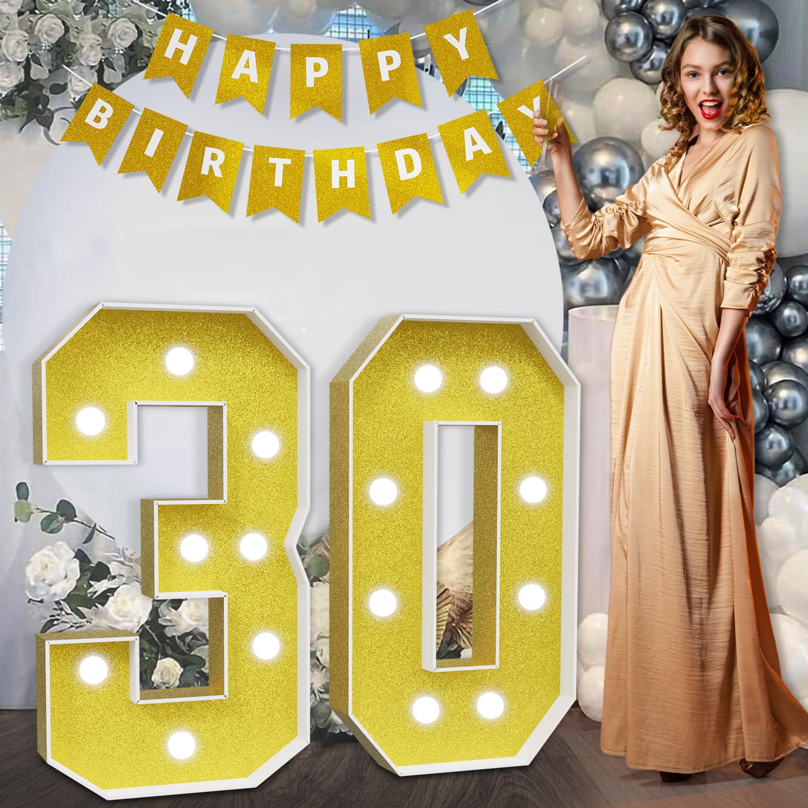 Marquee Numbers Gold 30th-Birthday Decorations: Large 3ft Light Up Number 30 Birthday Decoration for Women Men Thirty Year Old Anniversary Decor Party Backdrop Big Mosaic Number 30