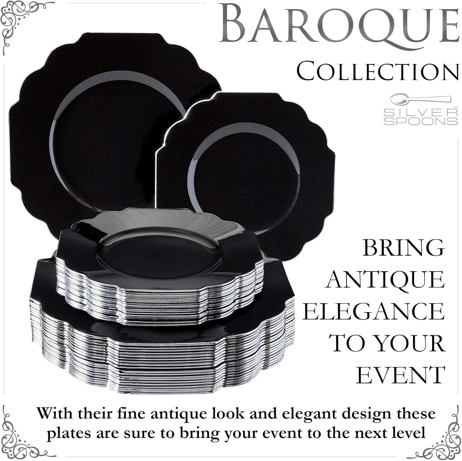 Silver Spoons PARTY DISPOSABLE 40 PC PLASTIC PLATE SET | 20 Dinner Plates | 20 Side Plates | Heavyweight Plastic Dishes | Elegant Fine China Look | for Upscale Wedding and Dining - Baroque, Black