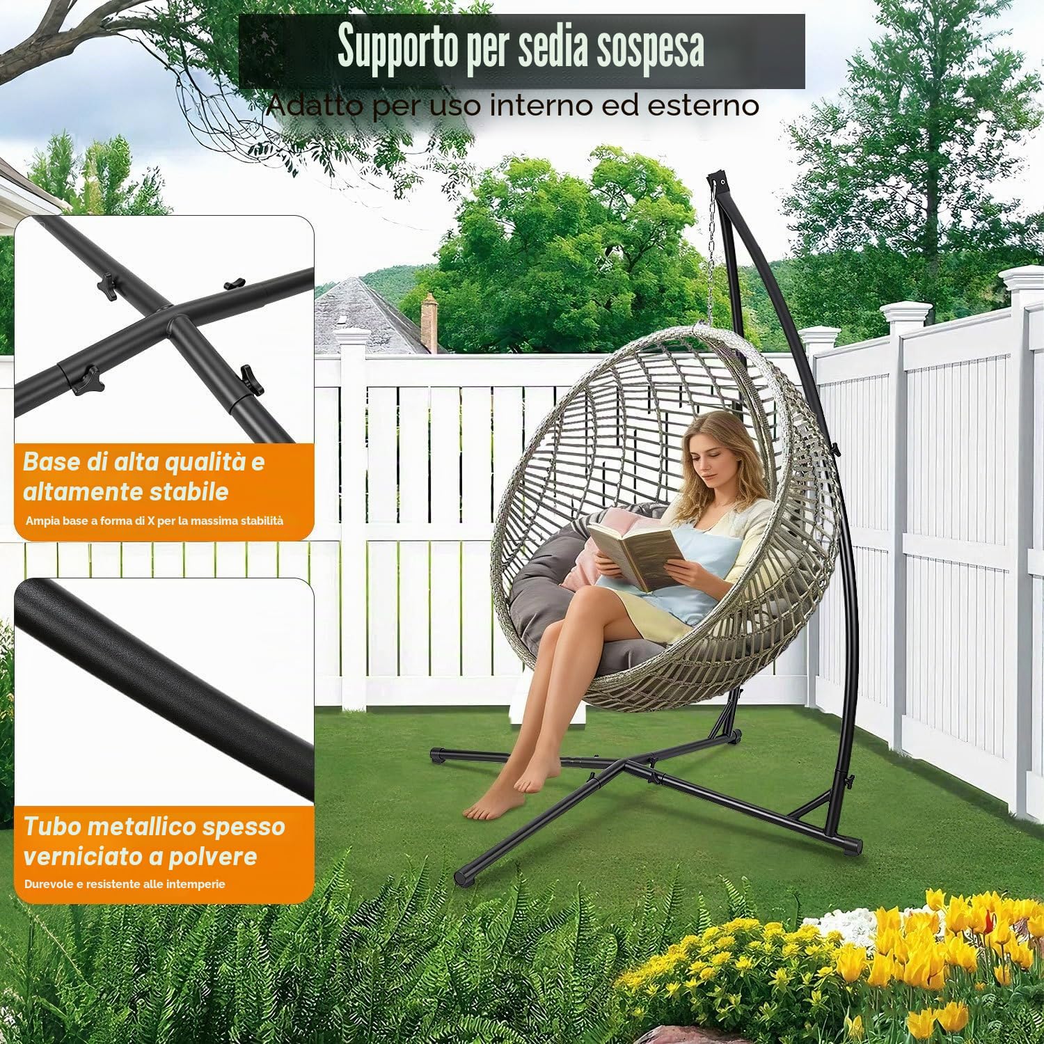 Struttura per sedia sospesa da 150 kg, in metallo, con struttura stabile, supporto per amaca per seduta sospesa, 215 cm, tubo in acciaio per interni ed esterni