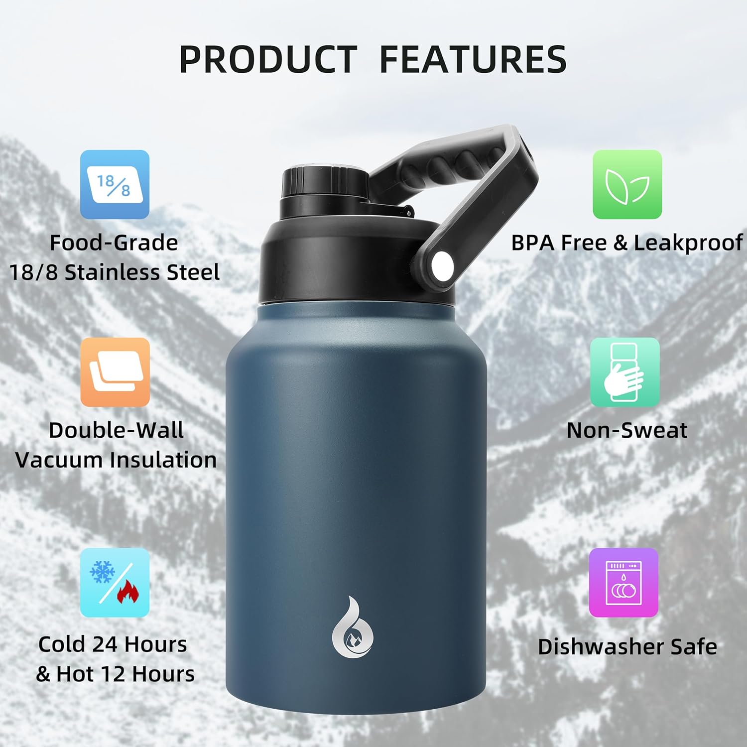 BJPKPK 64 oz Insulated Water Bottle, Dishwasher Safe Half Gallon Water Bottle with Ergonomic Handle, BPA Free Leak Proof Water Jug for Sports, Metal Jug with Anti-slip Bottom, Navy Blue - Image 3