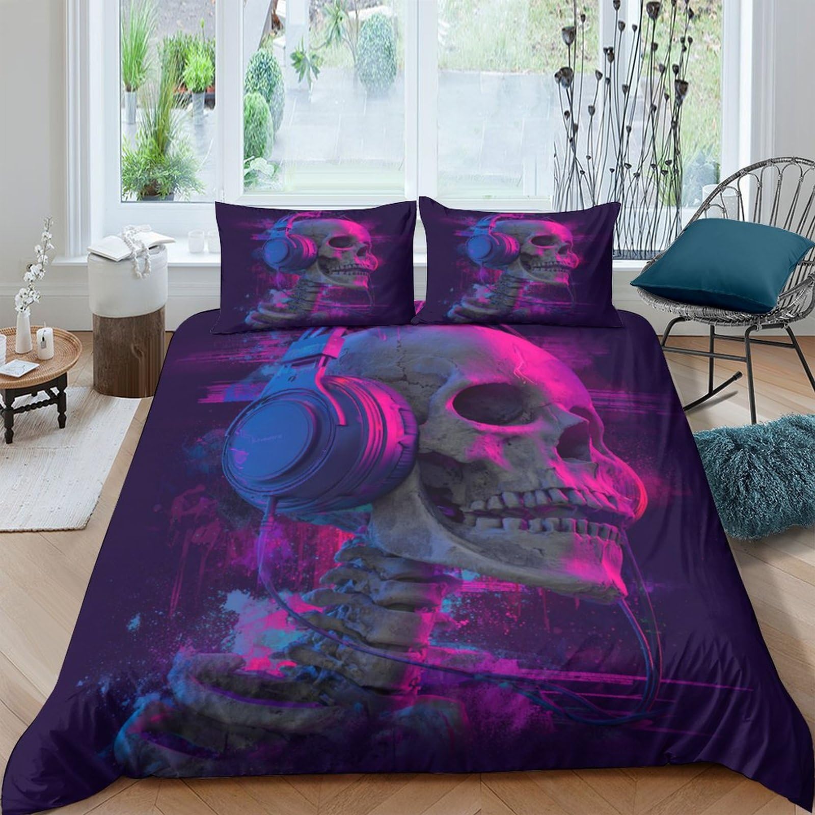 GPLZQXKJNH 3D Printed Skull Headphones Duvet Cover Microfiber Purple Bedding Set with 2 Pillowcases for Bedroom Decor Single（135x200cm）