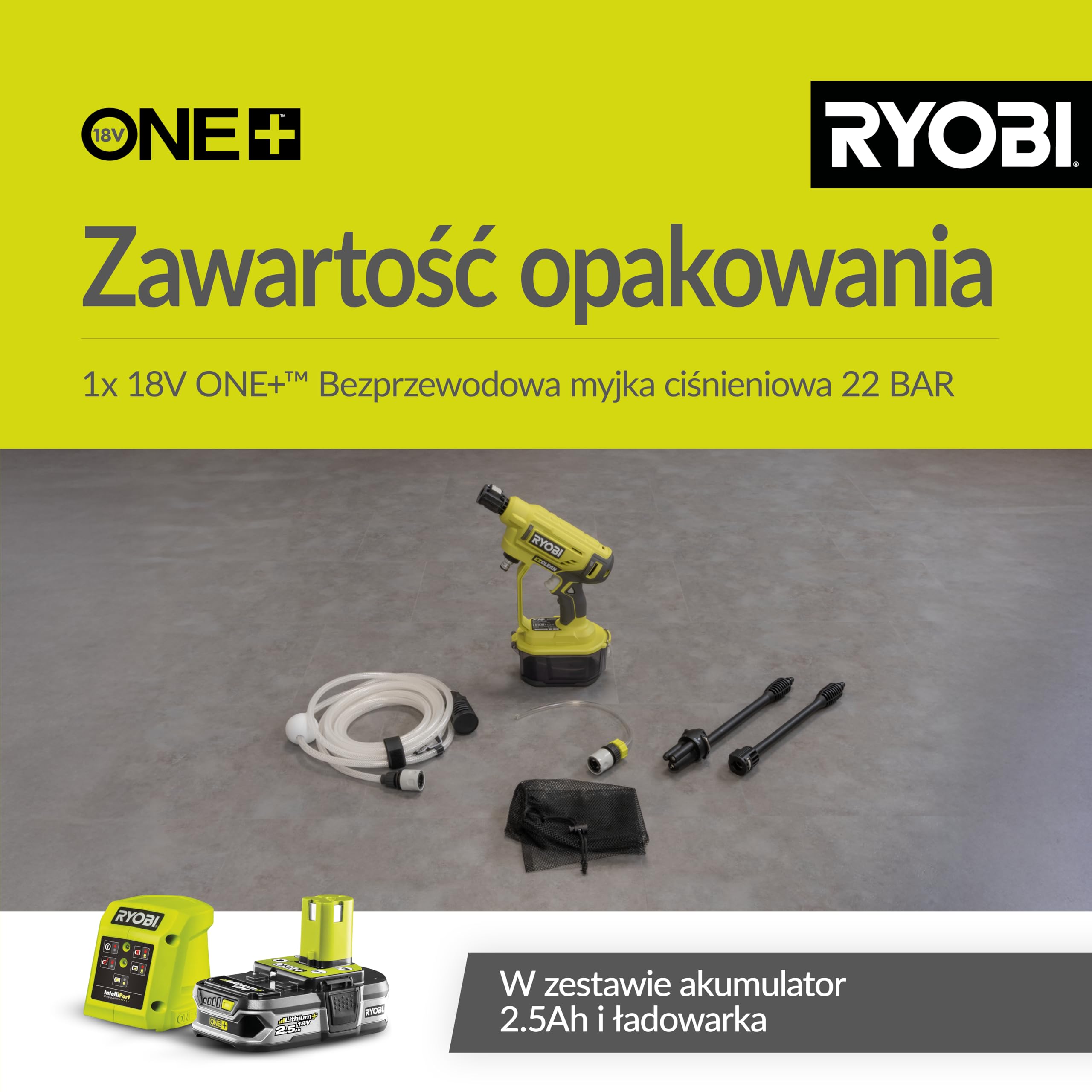 Ryobi Myjka ciśnieniowa, RY18PW22A-125, ciśnienie 22 bary, przepływ wody do 182L na godzinę, dysza 3 w 1, wąż 6 m z sitkiem i filtrem, w zestawie: 1 akumulator litowo-jonowy 2,5 Ah oraz ładowarka