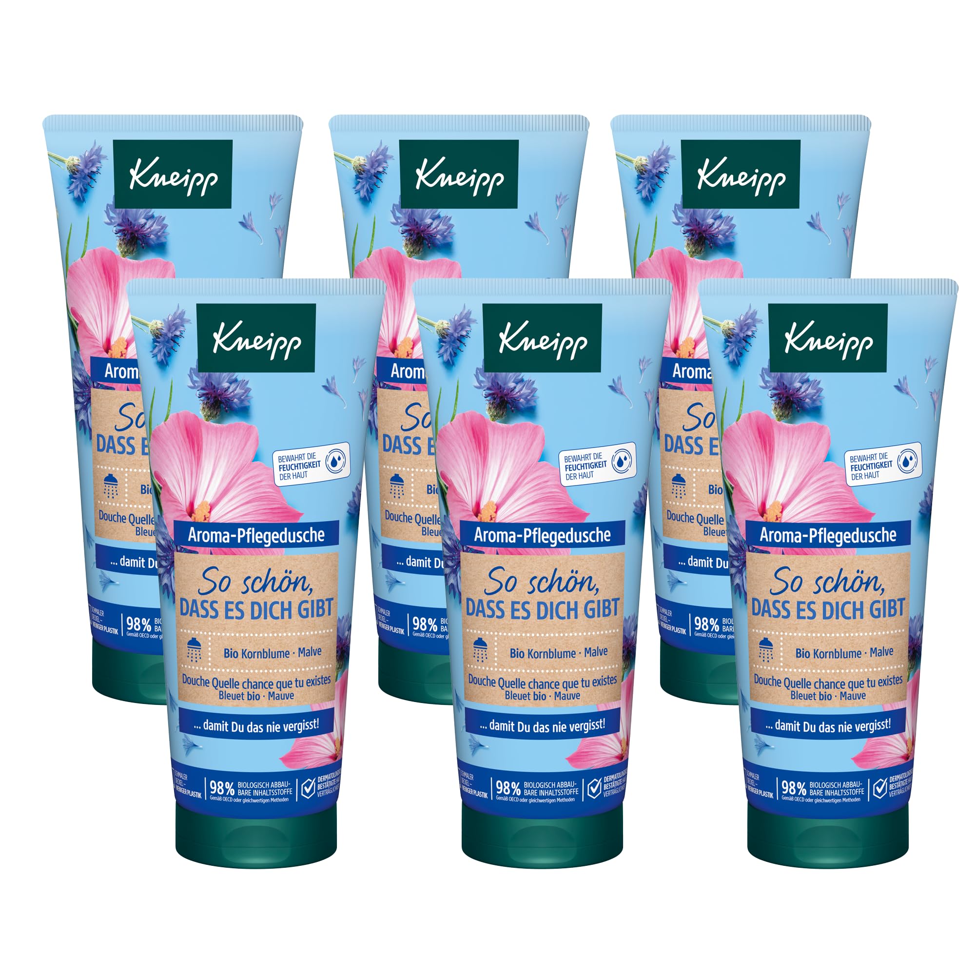 Kneipp Aroma-Pflegedusche So schön, dass es Dich gibt, Duschgel - Mit natürlichen Extrakten aus Kornblume, Malve und natürlich pflegendem Öl - Multipack 6 x 200ml