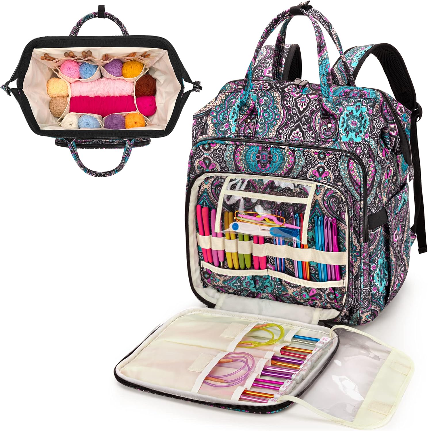 LoDrid Knitting Backpack With Three Oversized Grommets, Travel Yarn Bag With Steel Frame Top, Crochet Organizer for Hooks, Needles, and Other Accessories, Totem