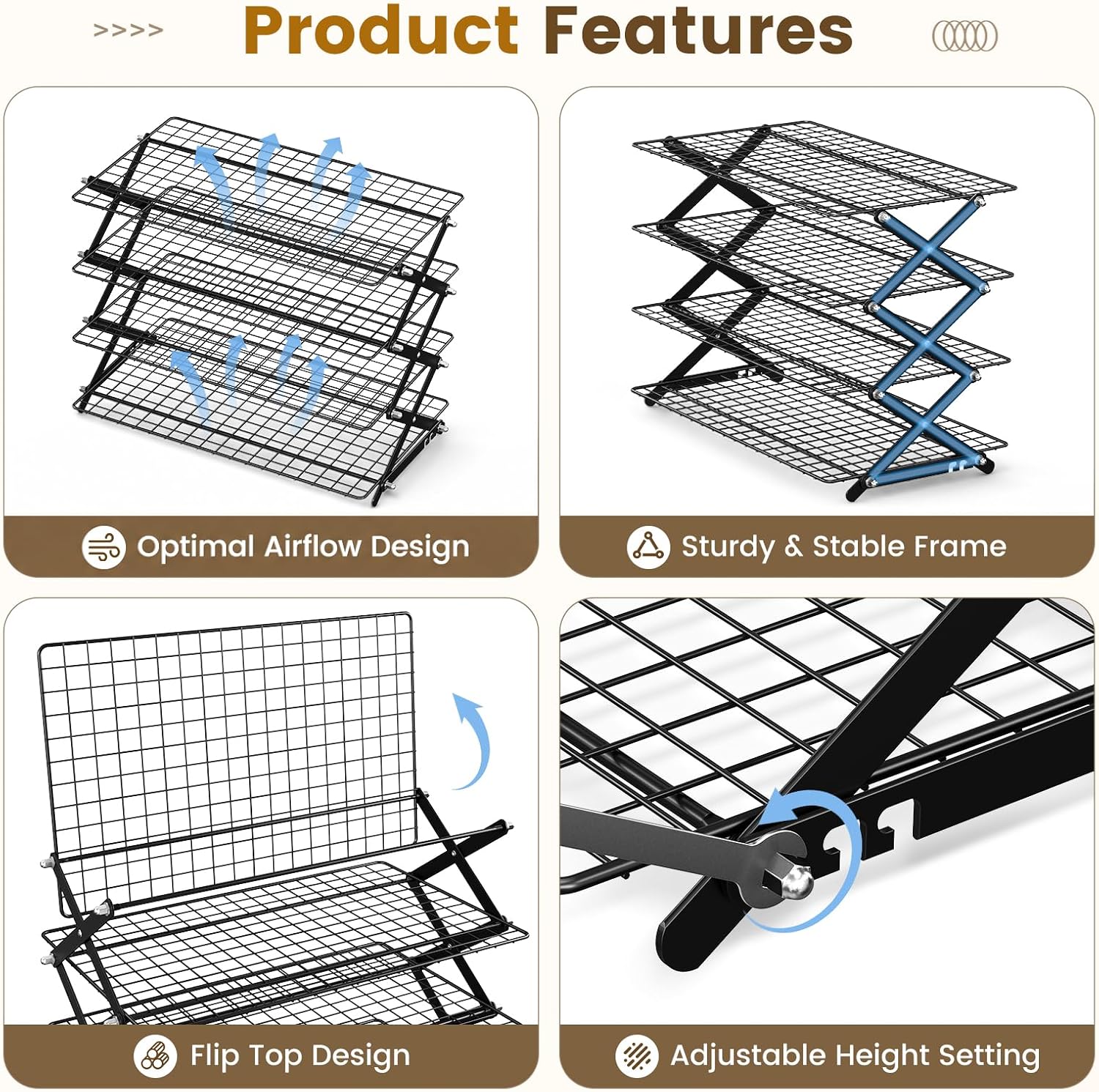 4 Tier Collapsible Cooling Rack for Baking Cookies Bread Barbecue | Include 50 Baking Papers, 4-Level Adjustable Height, 3 Setting Design, Stackable Roasting Rack, X-Shaped Structure