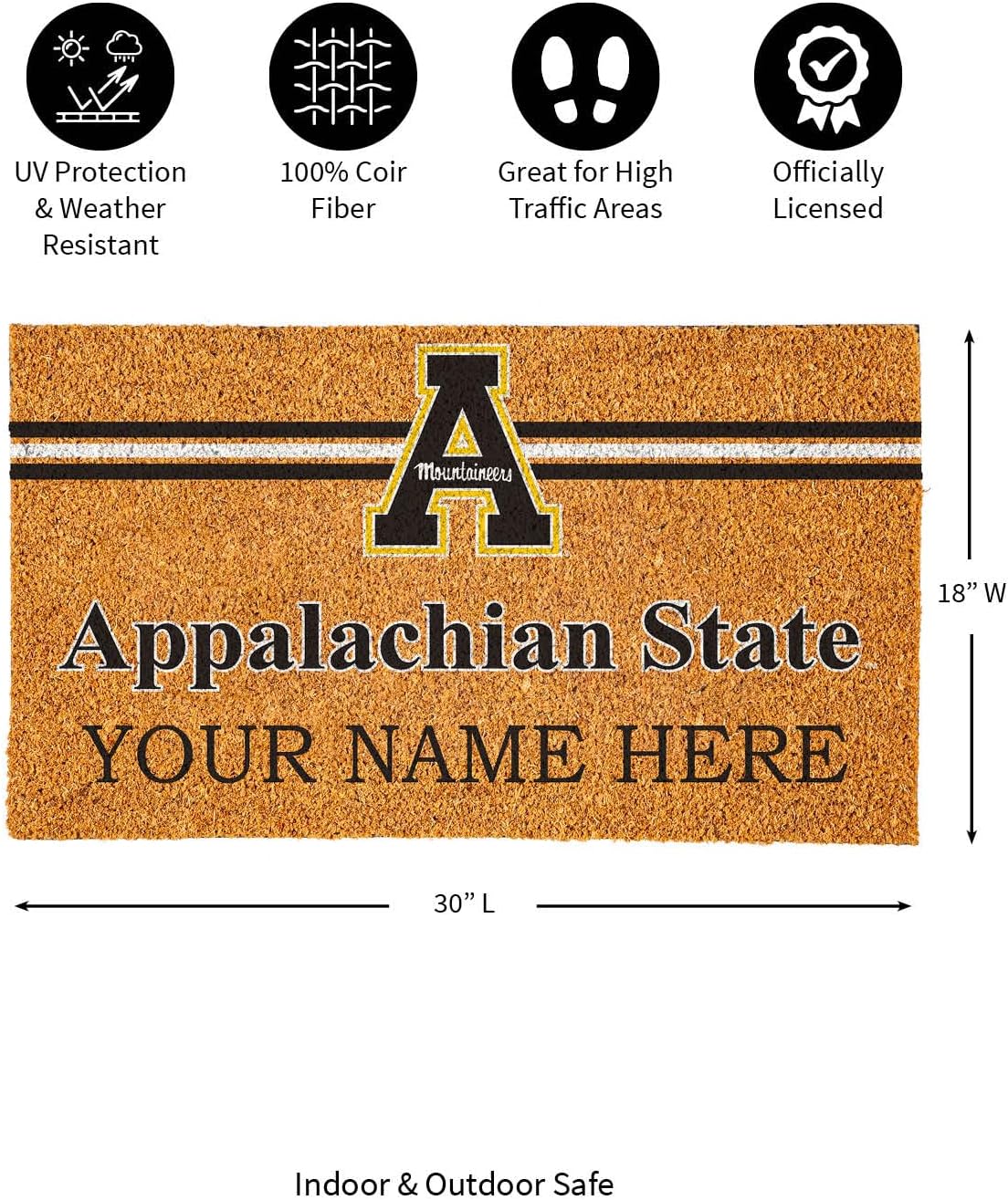 Team Sports America NCAA Appalachian State University College Personalized Coir Door Mat, 18 x 30 Inches Custom Name Doormat, Front Door Welcome Mats