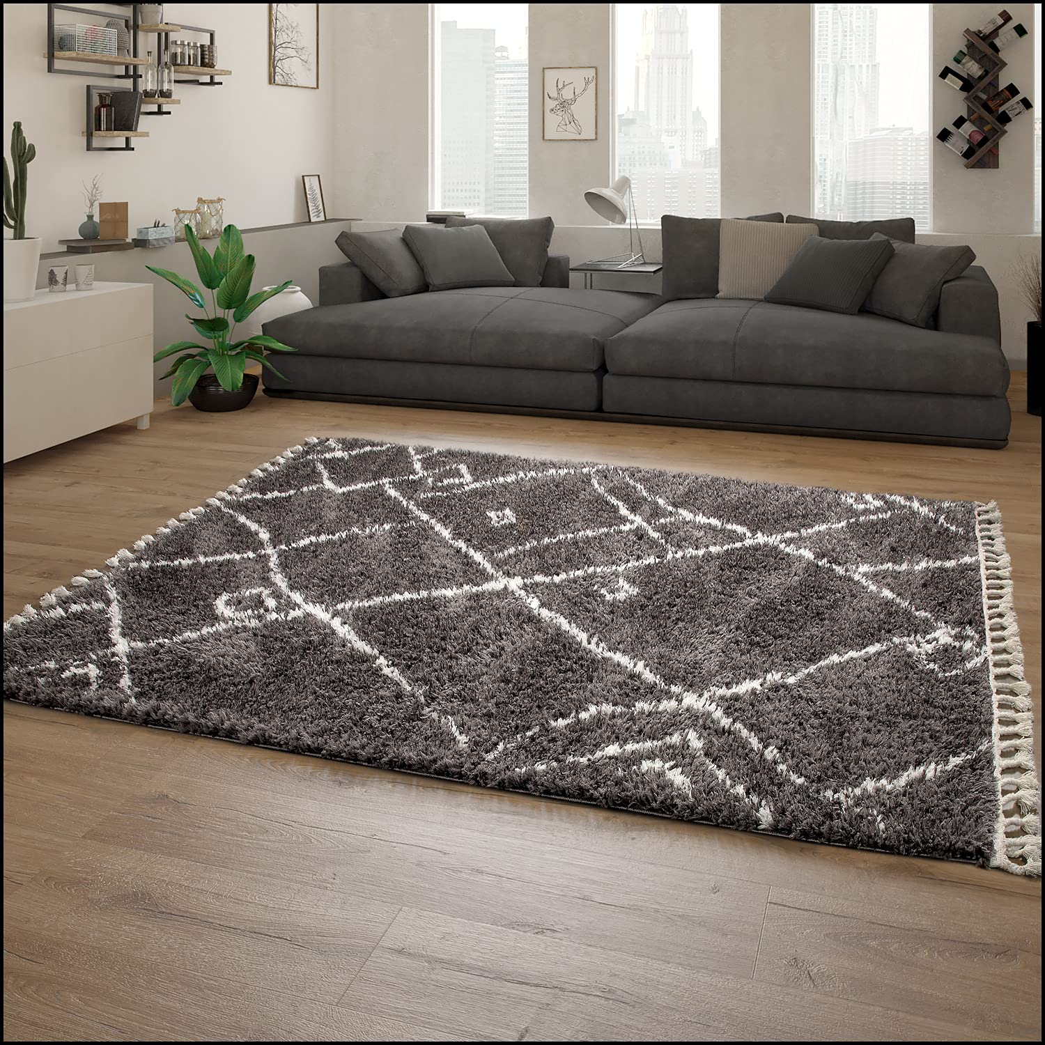 Paco Home Tapis Shaggy Tapis De Salon Tapis Poils Longs Scandinave Franges Moelleux Moderne Poils Longs, Dimension:140x200 cm, Couleur:Anthracite 2