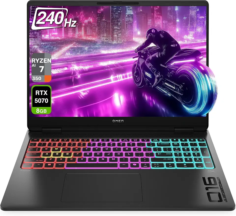 HP Laptop para jogos OMEN 16 MAX, AMD Ryzen AI 7 H 350, RAM DDR5 de 32 GB, SSD PCIe de 2 TB, WQXGA de 16 polegadas (2560 x 1600) tela 240Hz, Nvidia G-Force RTX 5070, teclado retroiluminado RGB de 4