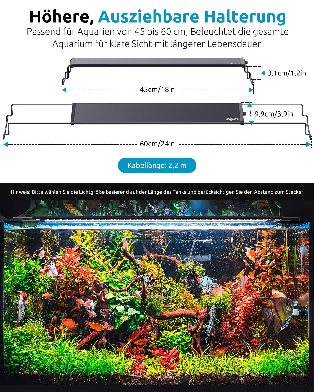 SEAOURA Aquarium Lampe mit Timer, Vollspektrum Aquarium LED Pflanzen Wachstums Leuchten mit Stromausfall Gedächtnis, 8 Farb, 20 Helligkeitsstufen, Beleuchtung für Süßwasser Aquarien 45-60cm
