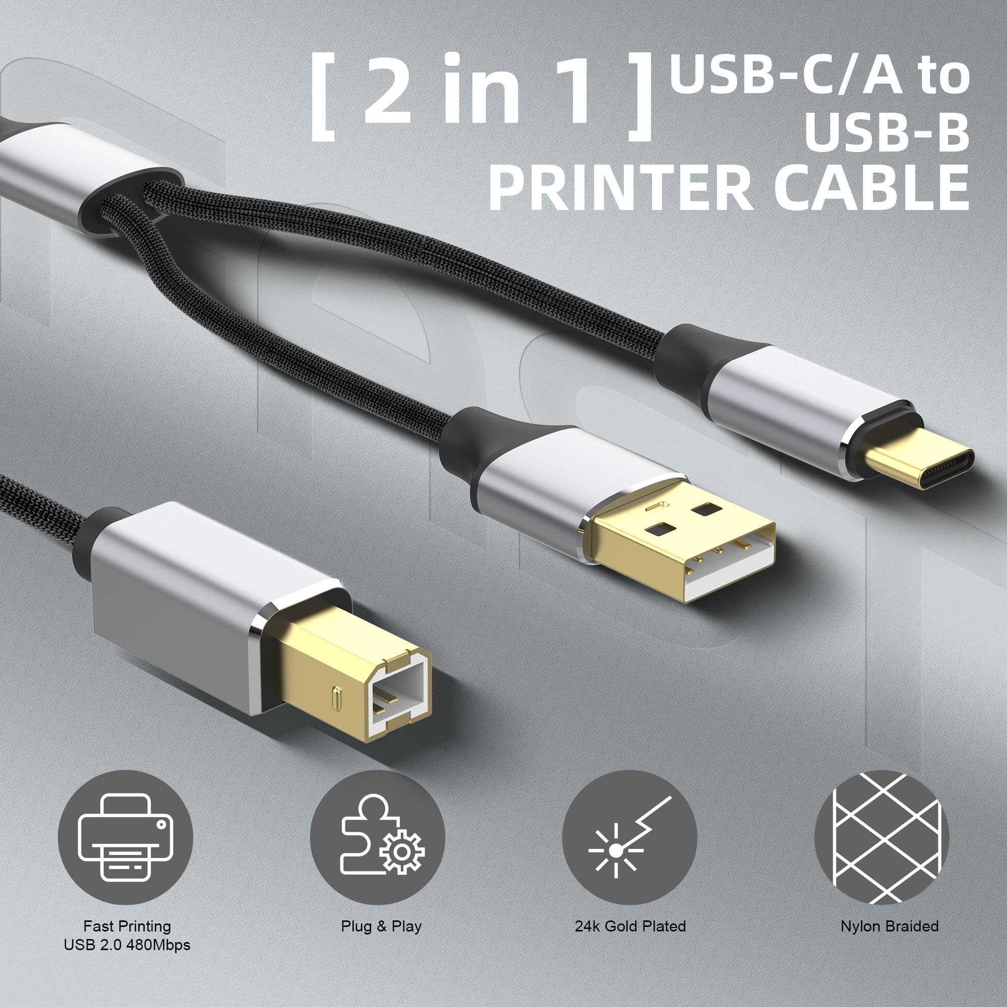 Cavo per stampante, 1,2 m, USB 2.0, cavo USB A e USB C a USB-B per MacBook, cavo 2 in 1 da USB C a USB B cavo per stampante con USB A-maschio a B maschio, cavo intrecciato per MacBook Pro, HP, Canon