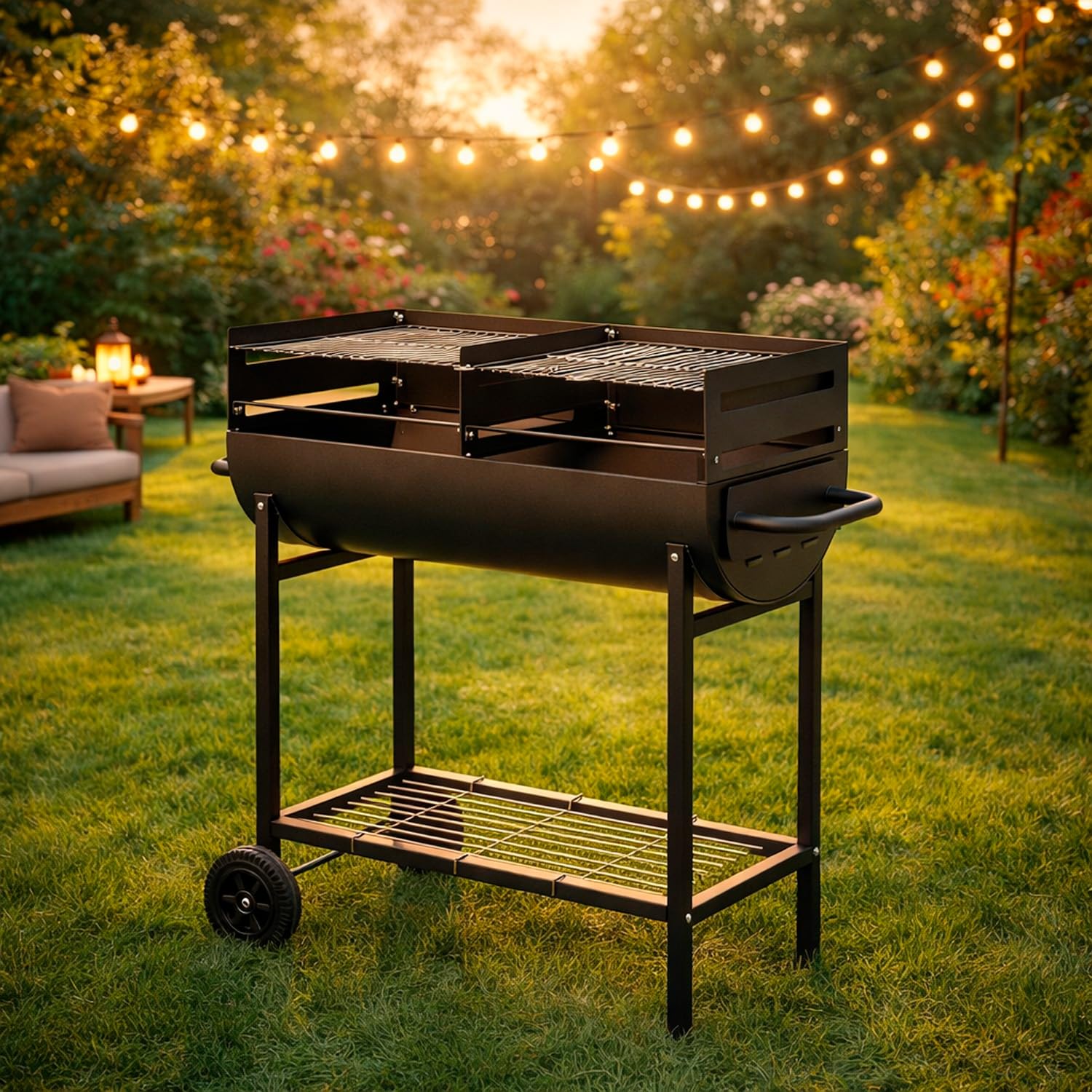 BRICOZONE Barbecue a Carbone con 2 Griglie Regolabili BBQ in Acciaio Resistente con Ruote e Ripiano Portaoggetti Ideale per Giardino Terrazzo e Grigliate all'Aperto 90 x 45 x 96 cm Nero