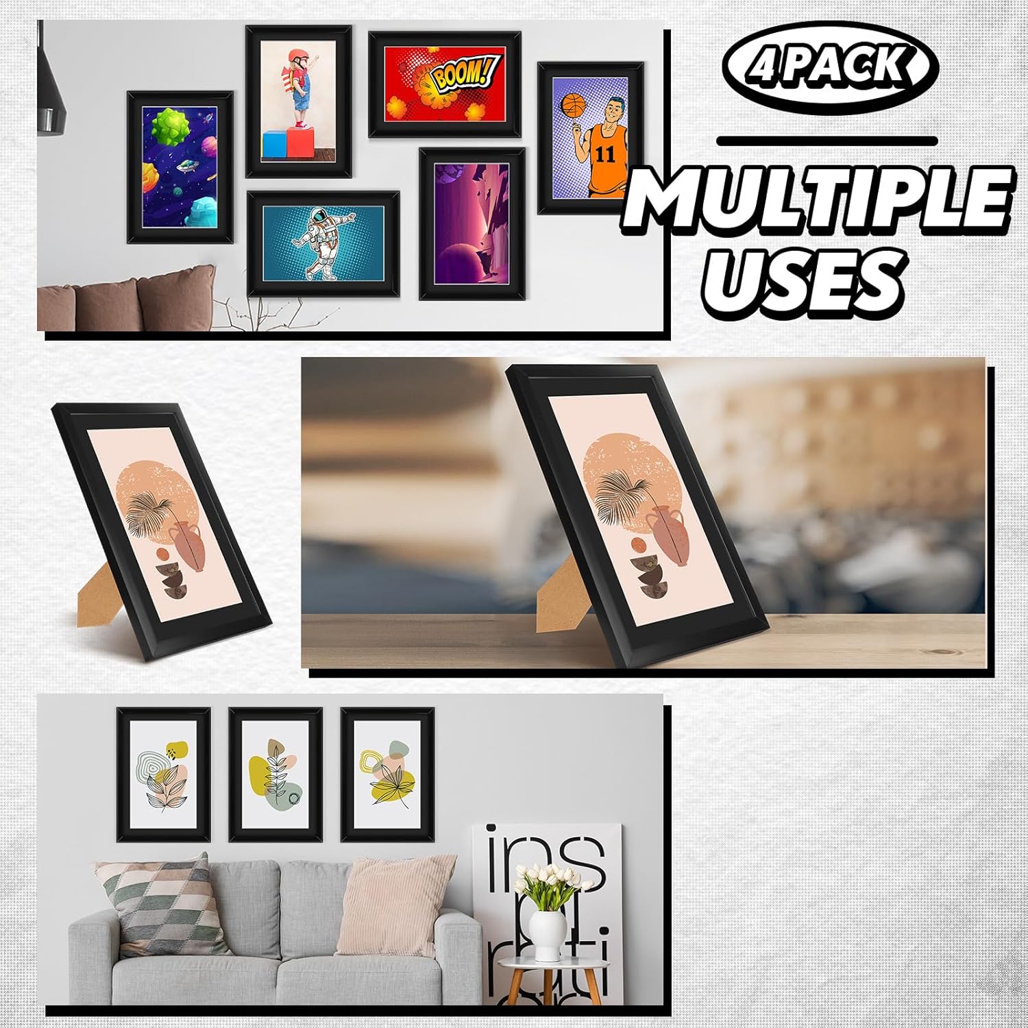 Geetery 4 Pack Comic Book Frame for Wall, UV Protection Comic Picture Magazine Frames Fits Current up to 6 3/4 x 10 1/4, Wall or Tabletop Display with Spring Clips Installed Hangers(Black Mat)