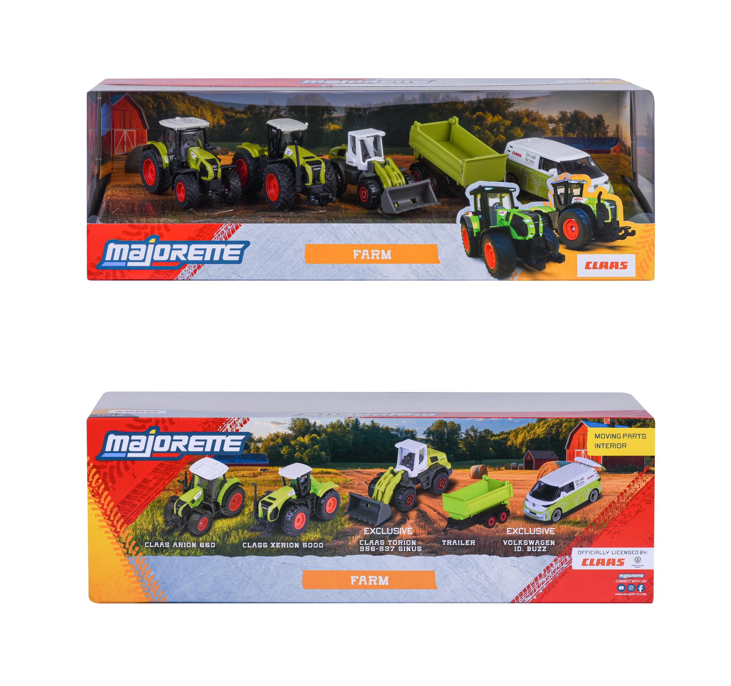 Majorette, Vehículos de Granja Claas, Giftpack Set 5 de vehículos, Metal, Escala 1:64, 7,5 cm, Rueda Libre, Caja Decorada,3 años (8503105002)