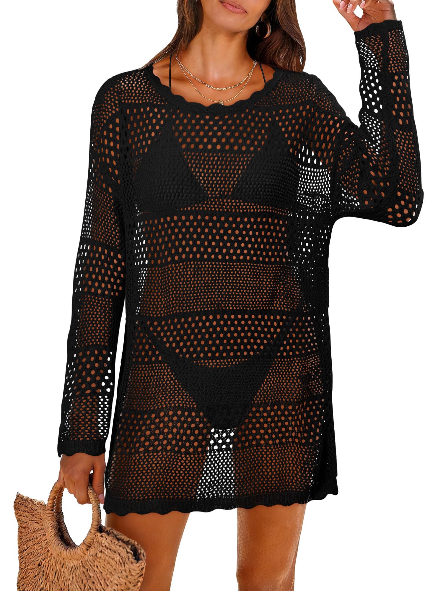 onlypuff Women Swimsuit Crochet Swim Cover Up Bathing Suit Swimwear Summer Mesh Knit Beach Dress Vacation Outfits