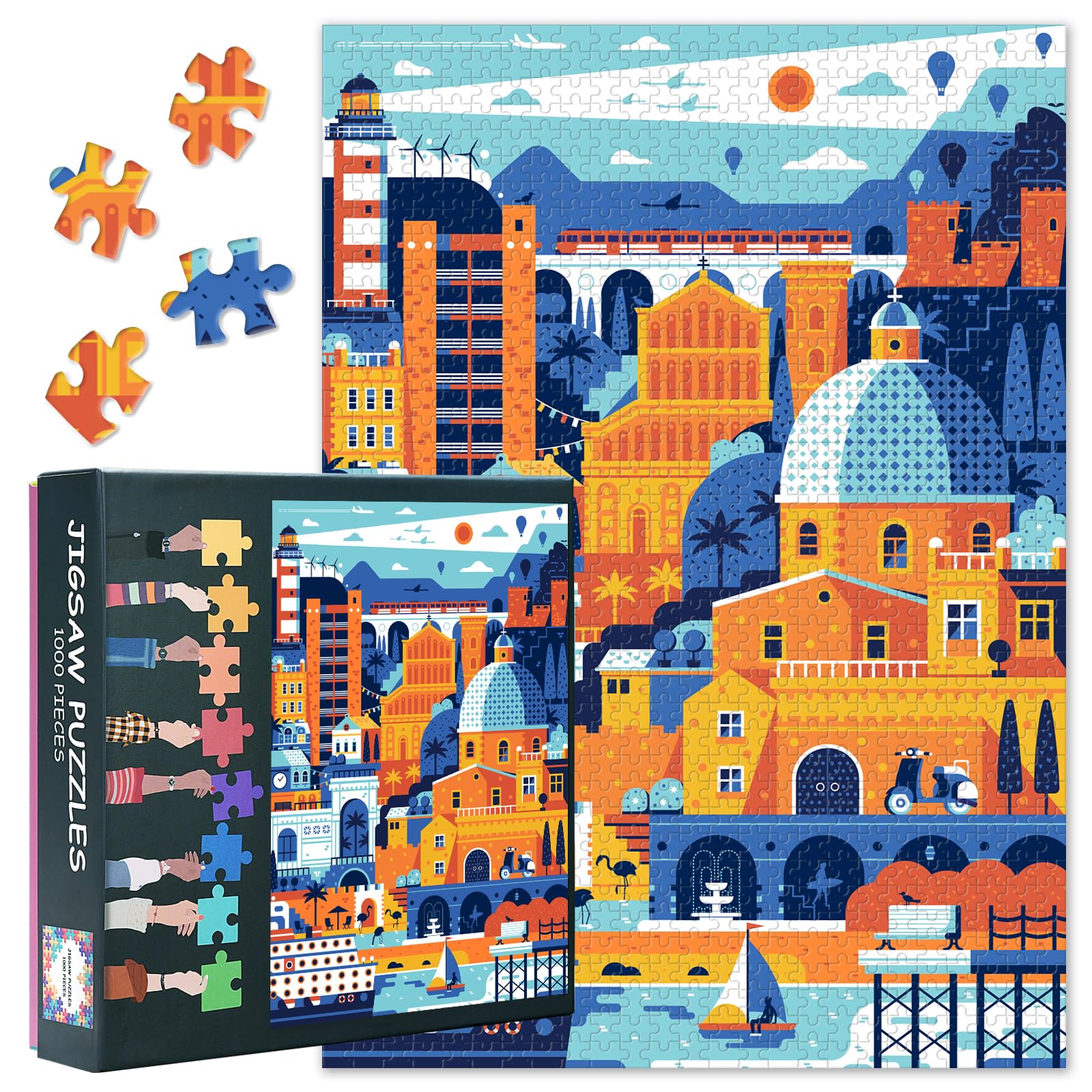 Puzzles for Adults 1000 Pieces Mediterranean Italy Sea Town 1000 Piece Jigsaw Puzzles Cagliari Travel Themed Puzzle Artwork Hard Difficult Challenging Puzzles for Adults