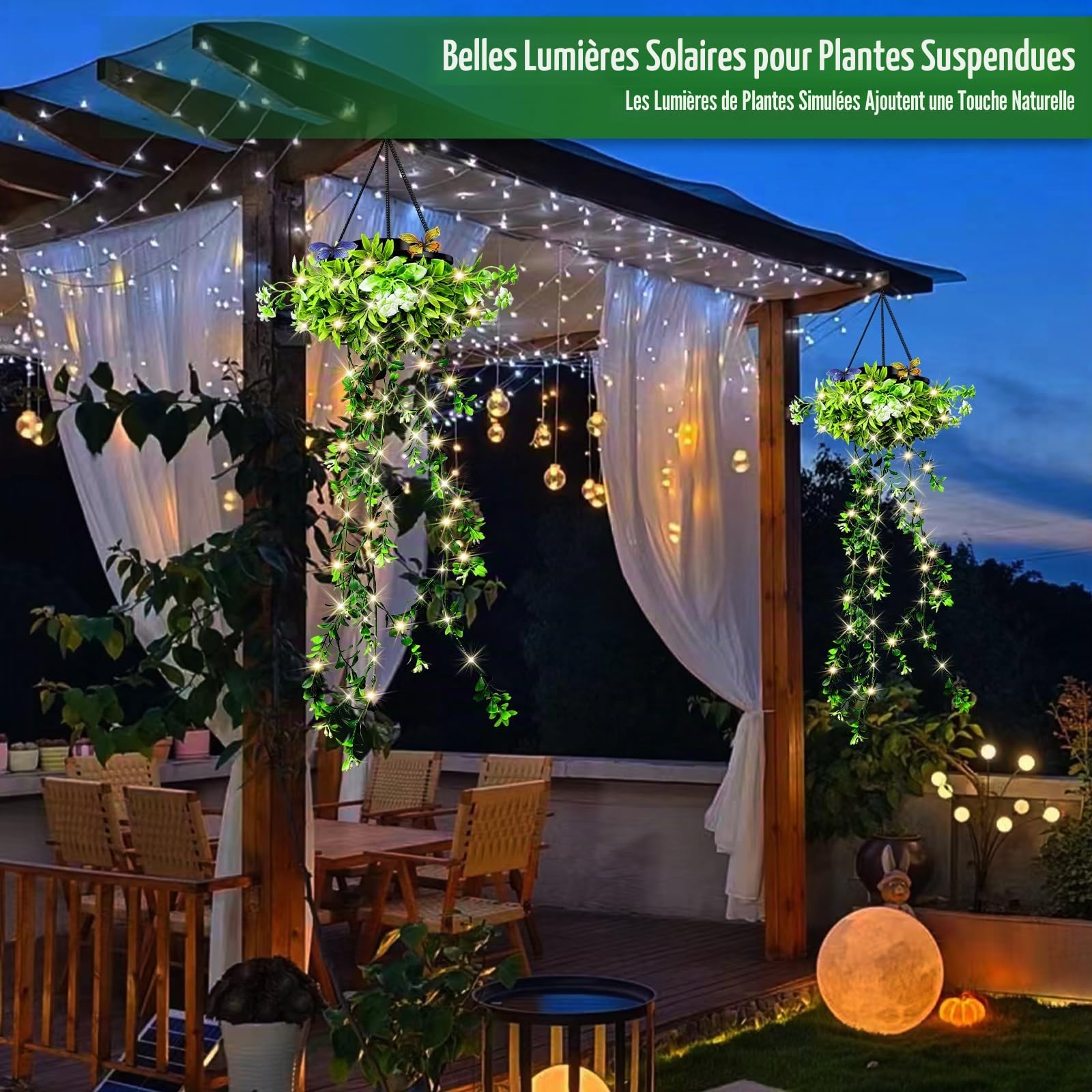 Lampe Solaire Exterieur, 2 Fausse Plante IP65 Suspendue Jardin Décoration, Plante Artificielle Tombante Cour Terrasse Noël Mariage Fête, Blanc Chaud Cadeau