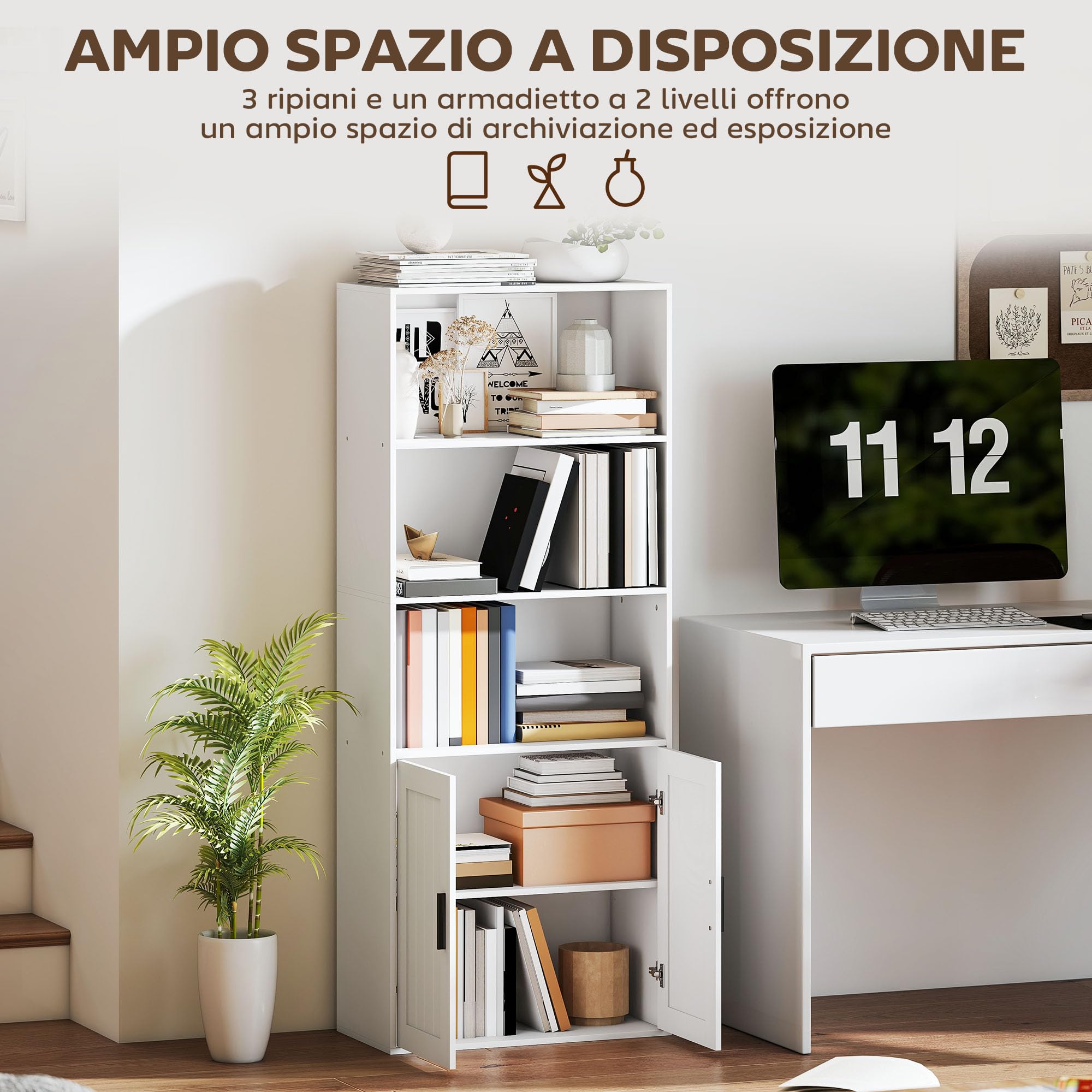 HOMCOM Mobile Libreria a 5 Livelli, con 2 Ante, 60x30x145.5 cm, Bianco