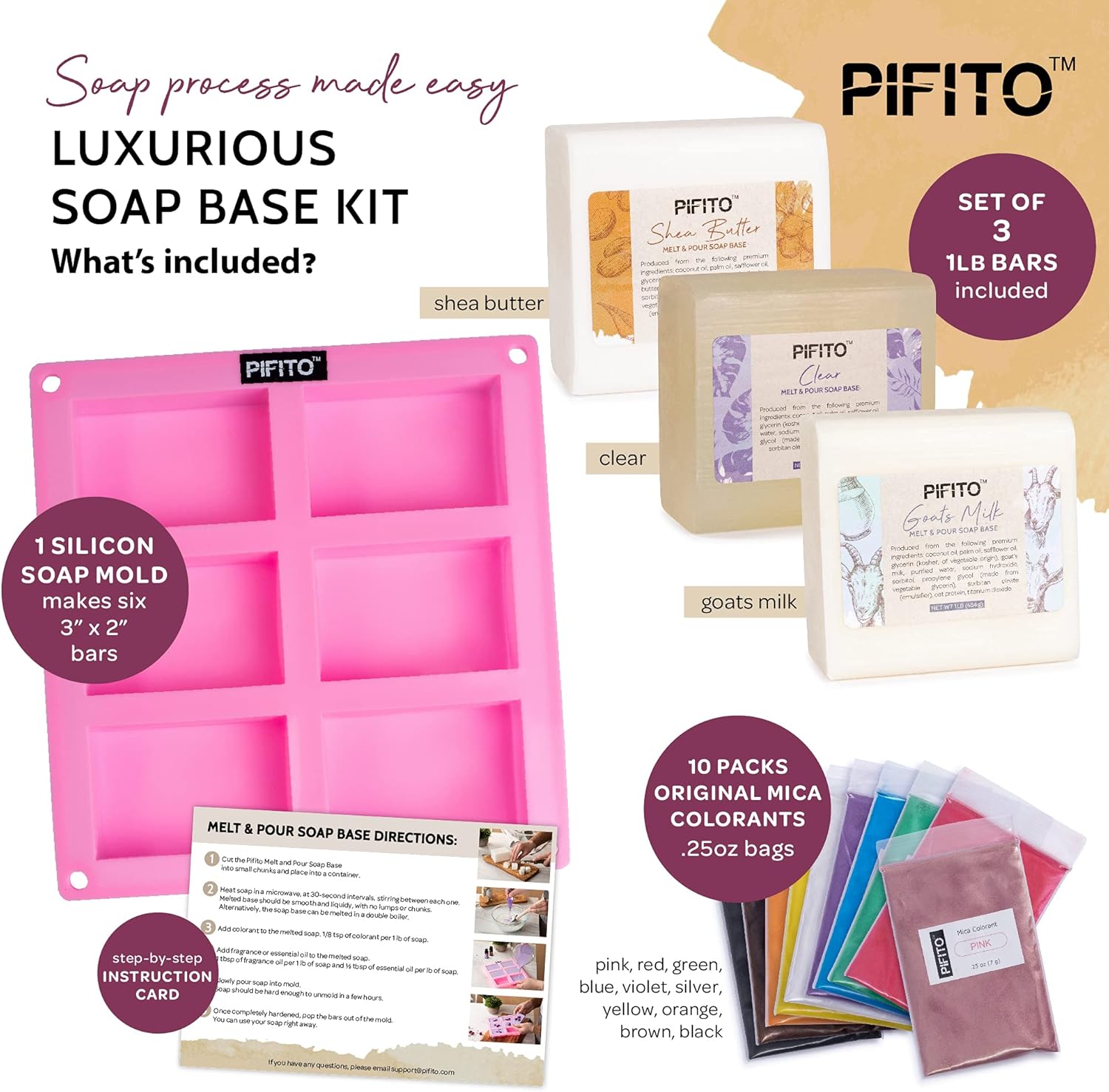 Pifito Soap Making Kit │ DIY Soap Making Supplies - 3 lbs Melt and Pour Soap Base (Goats Milk, Shea Butter, Clear), 10-Pack Mica Original Colorants Sampler, Mold and Instructions