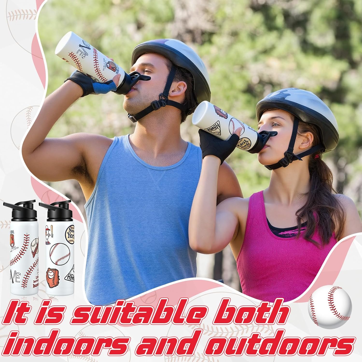 Ceenna 2 Pcs 24 oz Baseball Water Bottle with 50 Stickers, Stainless Steel Insulated Travel Tumbler Baseball Gifts for Team Sports Fans, Travel Gym Hiking Cycling Camping Bike Cages