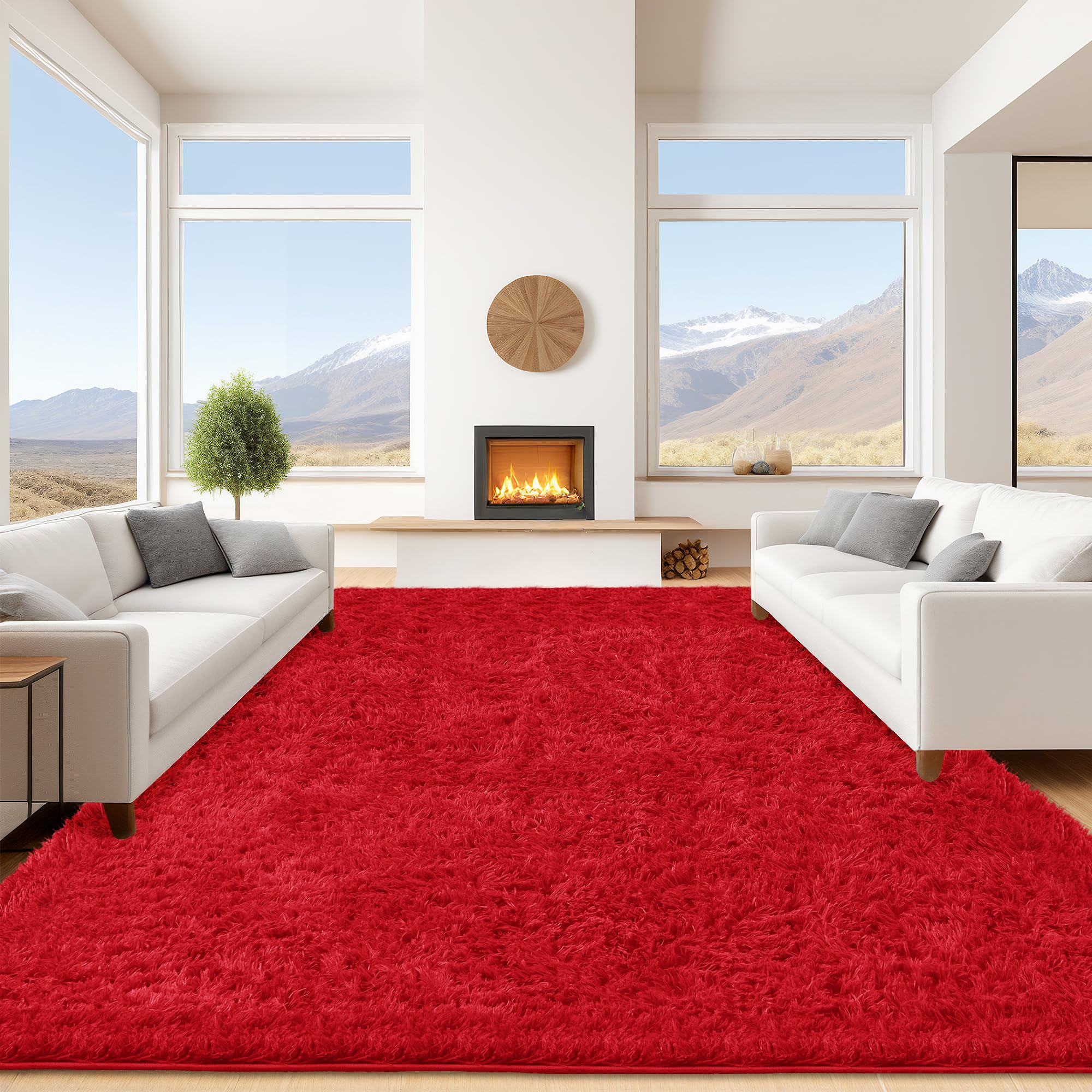 9x12 Red Area Rugs for Living Room, Large Fluffy Shag Rug for Bedroom Nursery, Ultra Soft Comfy, Big Fuzzy Shaggy Plush Carpet for Kids Boys Girls Teen Indoor Home Decor, Upgrade Non-Slip