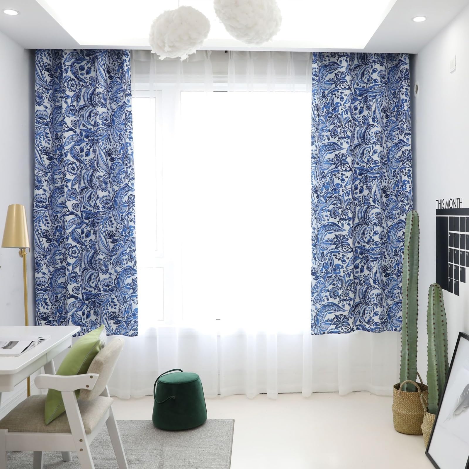 Rideaux bleu marine à œillets imprimé fleurs et feuilles en coton-polyester 264x160cm
