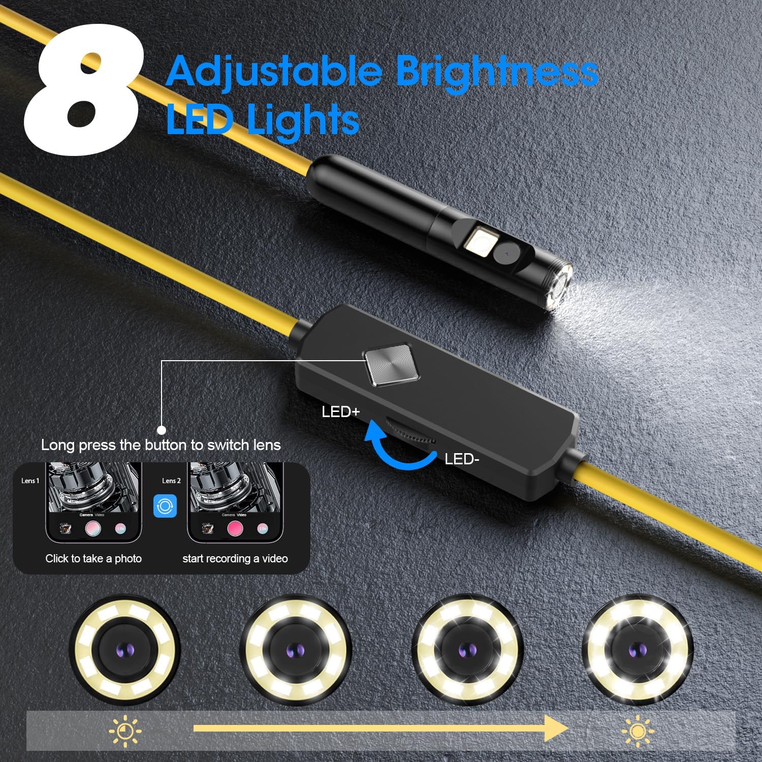 Endoscope with Light, 1920P HD Borescope with 8 Adjustable LED Lights, 16.4FT Semi-Rigid Snake Camera, IP67 Waterproof Inspection Tool for iPhone & Android - Dual Lens (Yellow) - Image 3