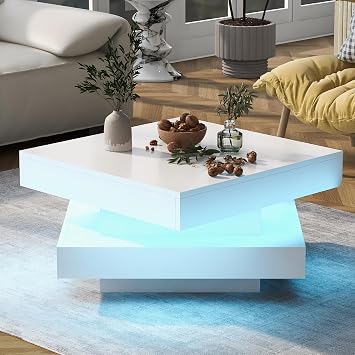 LED Square Coffee Table, White High Gloss Coffee Tables for Living Room, Stylish Side Table with 360  Rotating Top and RGB LED Lights, Modern Centre Tea Tables For Home Office Furniture, 70x70x36 cm