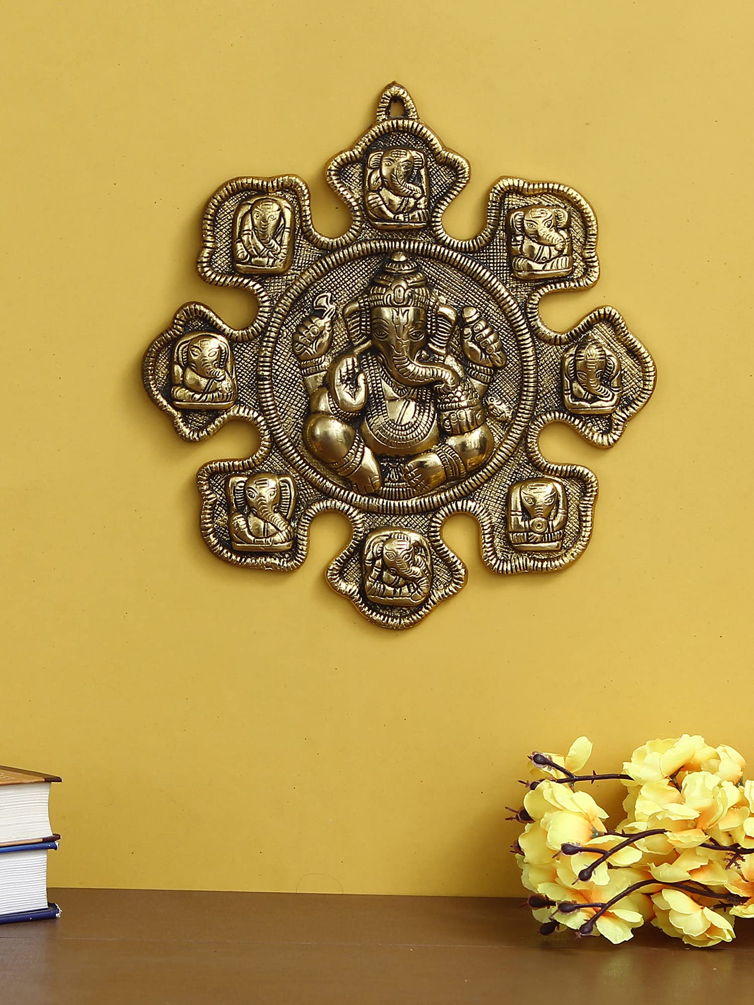 eCraftIndia Golden Metal Handcrafted Ashtavinayaka, 8 Ganesha Wall Hanging Decorative Showpiece for Home Decor Living Ro