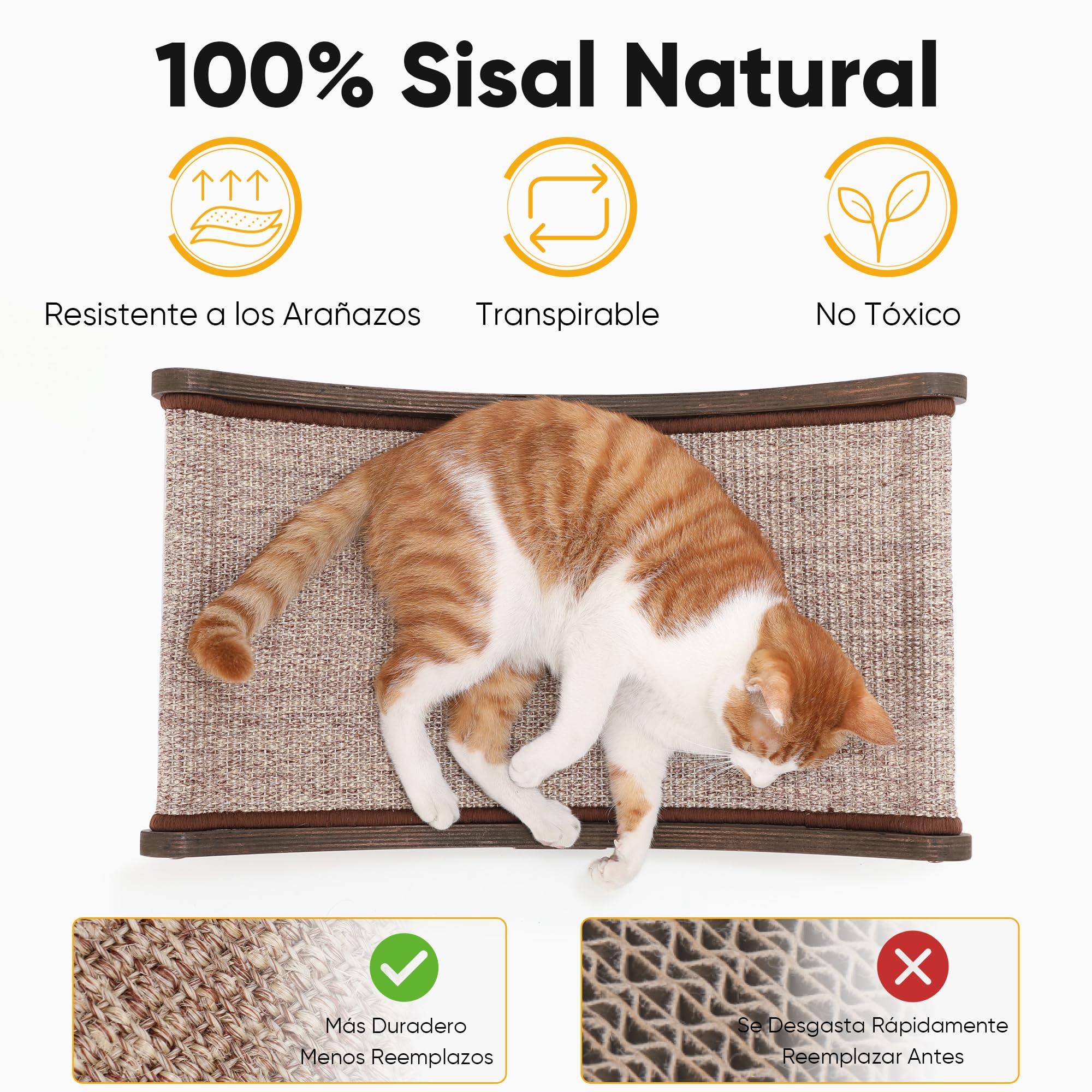 FUKUMARU Rascador de sisal en Madera, 60 cm Cama rascadora Robusta para Gatos domésticos, Hamaca de sisal 100% Natural, Base de Madera Maciza para Dormir y rascar uñas (Acabado Nogal)