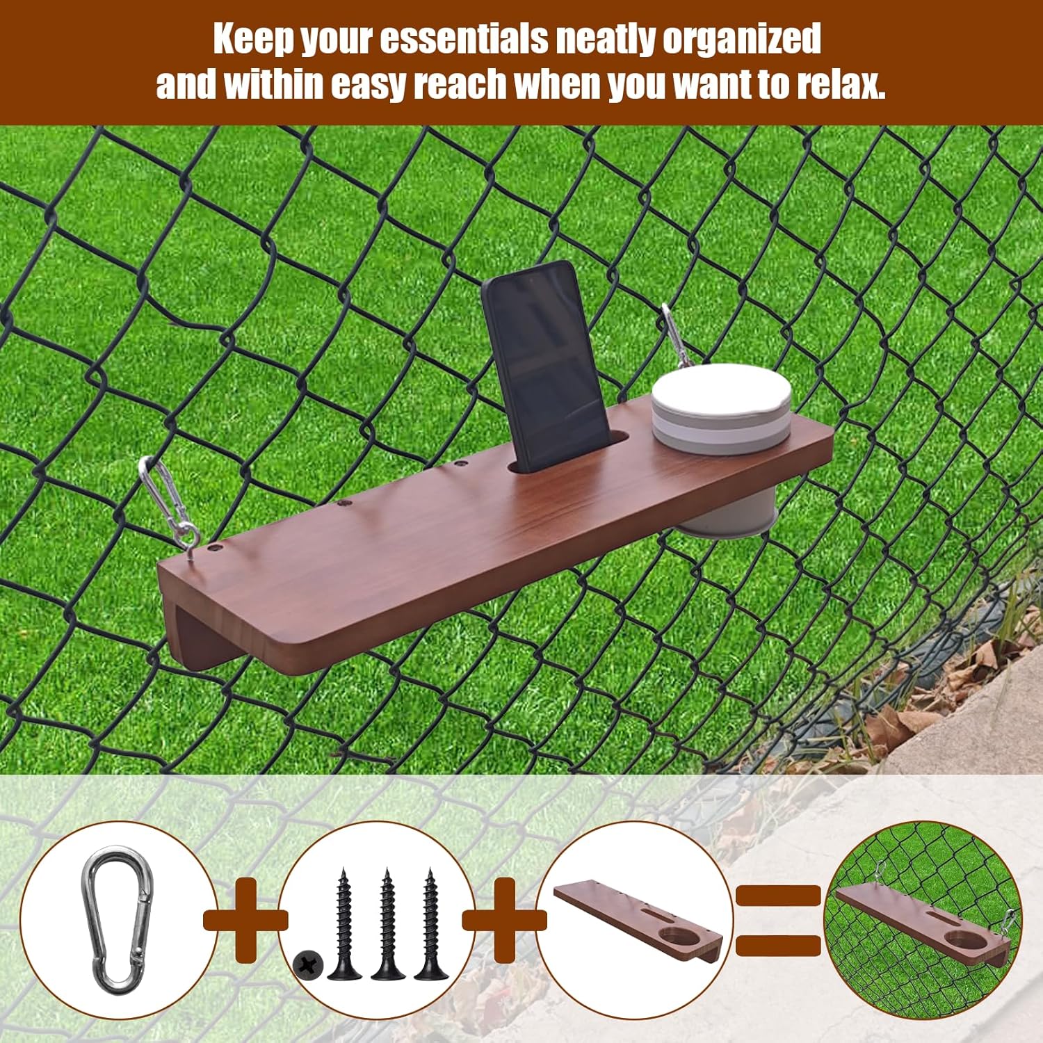 Portable Hanging Foot Rest for Baseball Fences, The Sideline Shelf, Ergonomic Wood Foot Tray with Phone Stand, Cup Holder, and Hat Holder for Baseball and Softball Games, Outdoor Games and Events
