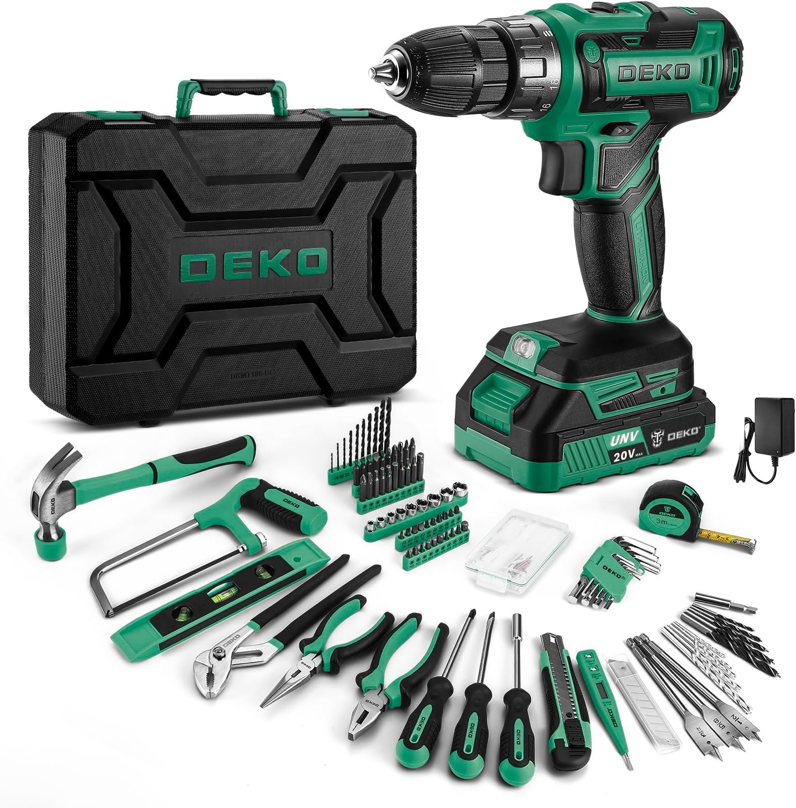 Green Drill Tool Kit Set: 20V Cordless Power Drill Tool Box with Battery Electric Drill Driver for Men Home Hand Repair Basic Toolbox Tools Sets Drills Case