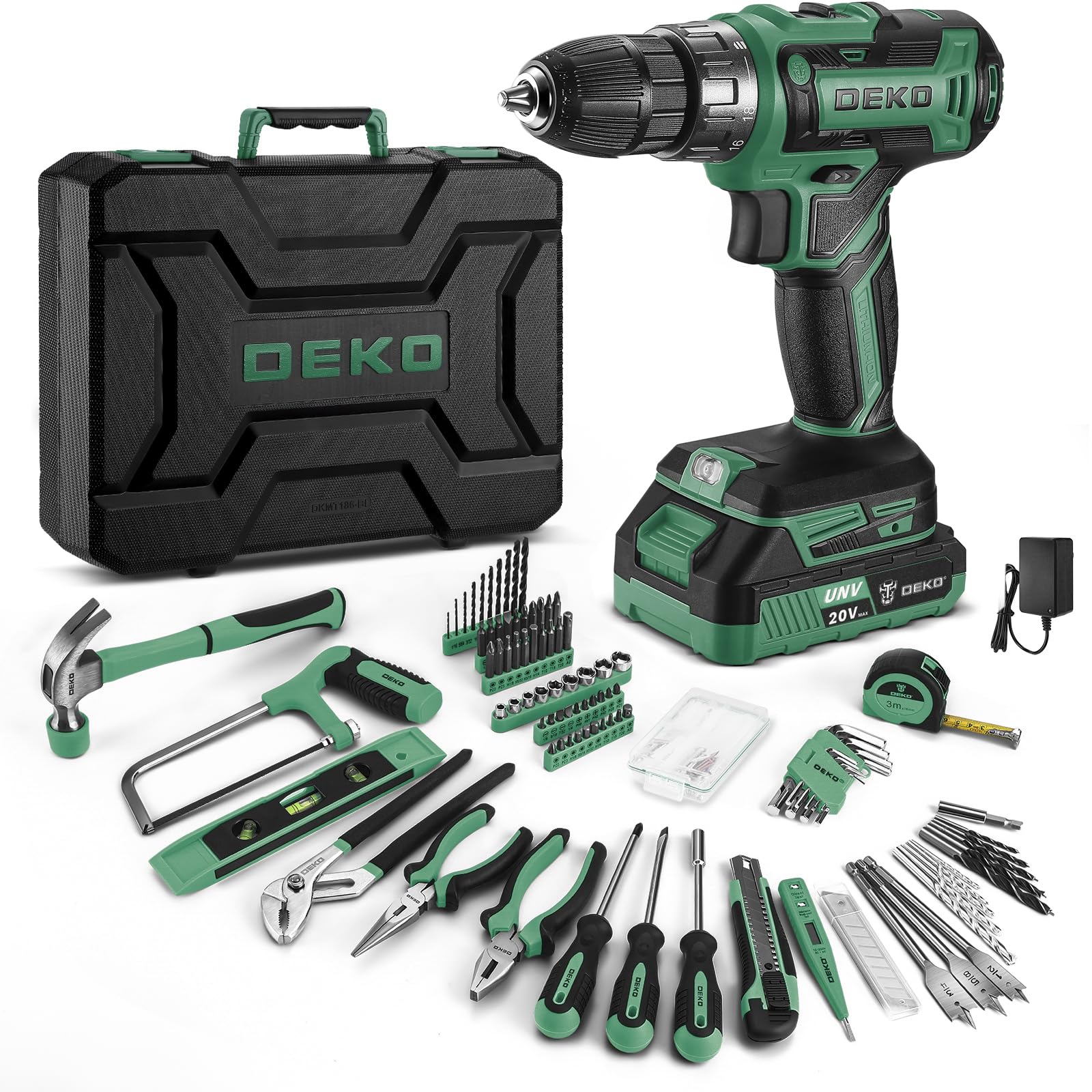 Green Drill Tool Kit Set: 20V Cordless Power Drill Tool Box with Battery Electric Drill Driver for Men Home Hand Repair Basic Toolbox Tools Sets Drills Case