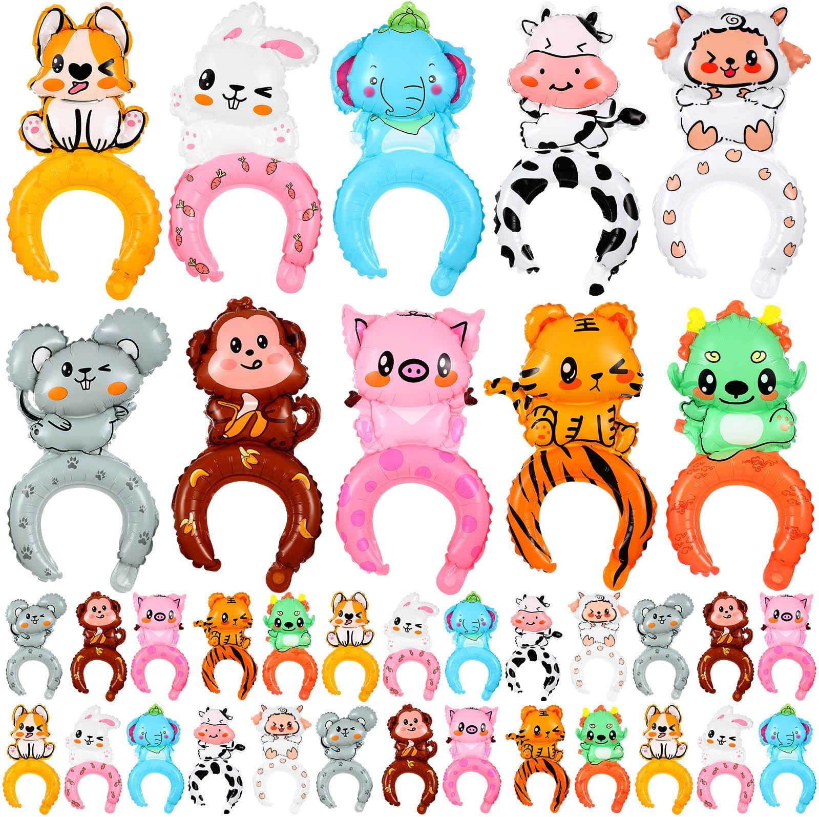 Liliful 200 Pcs Zoo Animal Inflatable Headbands Wildlife Safari Balloon Hair Hoop Farm Balloon Animals Kit with Pump Inflatable Jungle Animals for Theme Birthday Party Favors Decorations (Vivid)