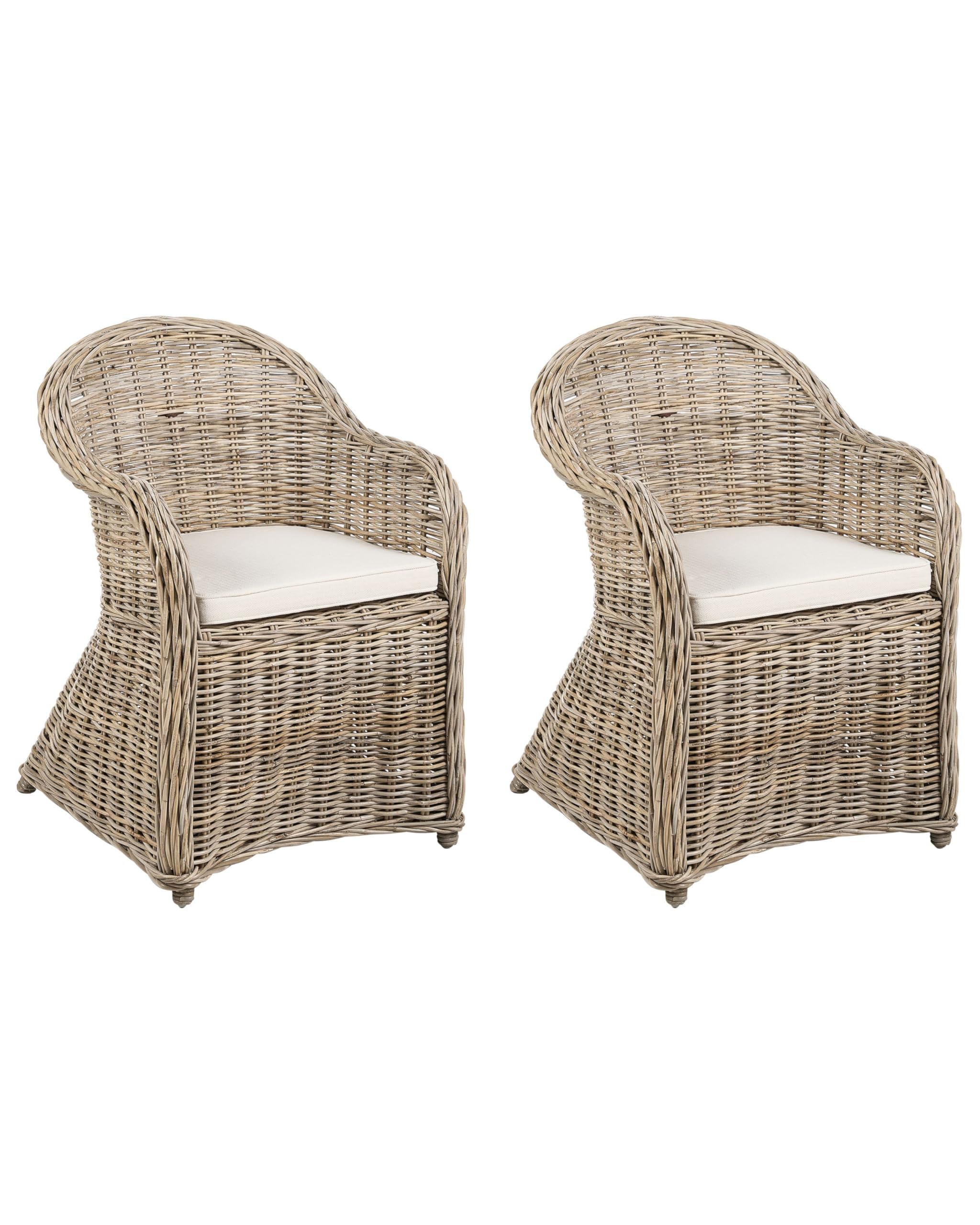Lot de 2 Chaises de Jardin en Rotin Naturel Intérieur Extérieur Coussins Beige Clair Susua II