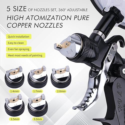 Miniatura 2 de HVLP Spray Gun with 10Pcs 600ML Disposable Paint Cups, 5 Nozzles,1.4/1.7/2.0/2.5/3.0mm, Automotive Gravity Feed Paint Spray Gun Kit with Air